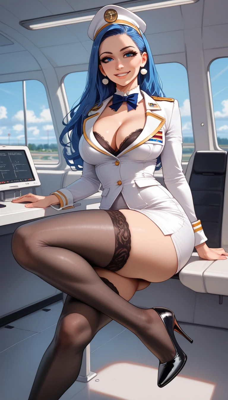 ultra-detailed, 1girl, solo, ((masterpiece)), (best quality), (highres), 16K, blue hair, long hair, blue eyes, wearing stewardess uniform, black thighhighs, high heels, busty body, large breasts and a beautiful ass, showcasing cleavage, legs, hips, looking at viewer, smile, detailed face, detailed hair, detailed whole body, airport background