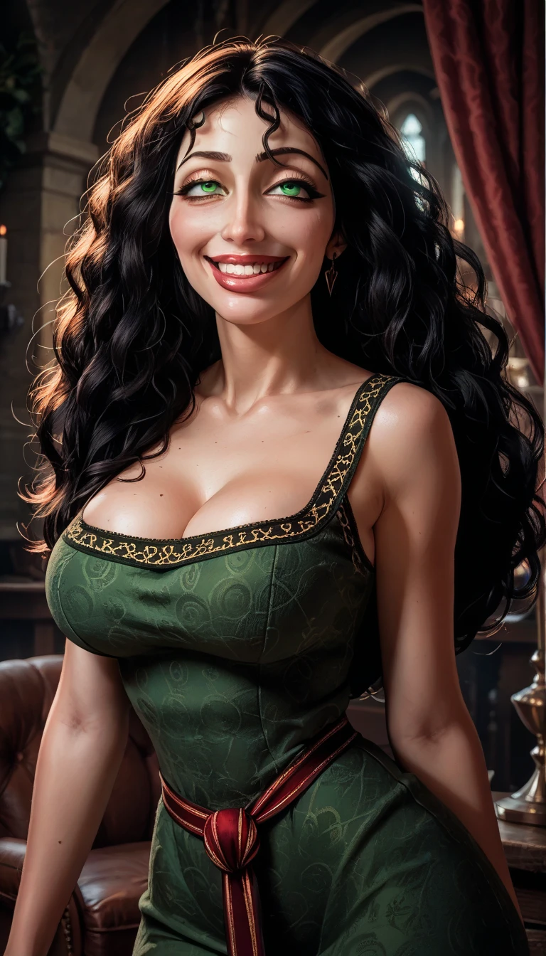 GothelXLP, evil smile, dark aura,  black hair,  long hair ,  green eyes,  perfect eyes,  make above ,  red dress,  Big breasts ,  narrow waist ,   Wide Hips,  looking at the viewer, Room, Alone, ahegao, Top, just the face, large neckline,  in front ,  looking at the viewer, Lean forward 