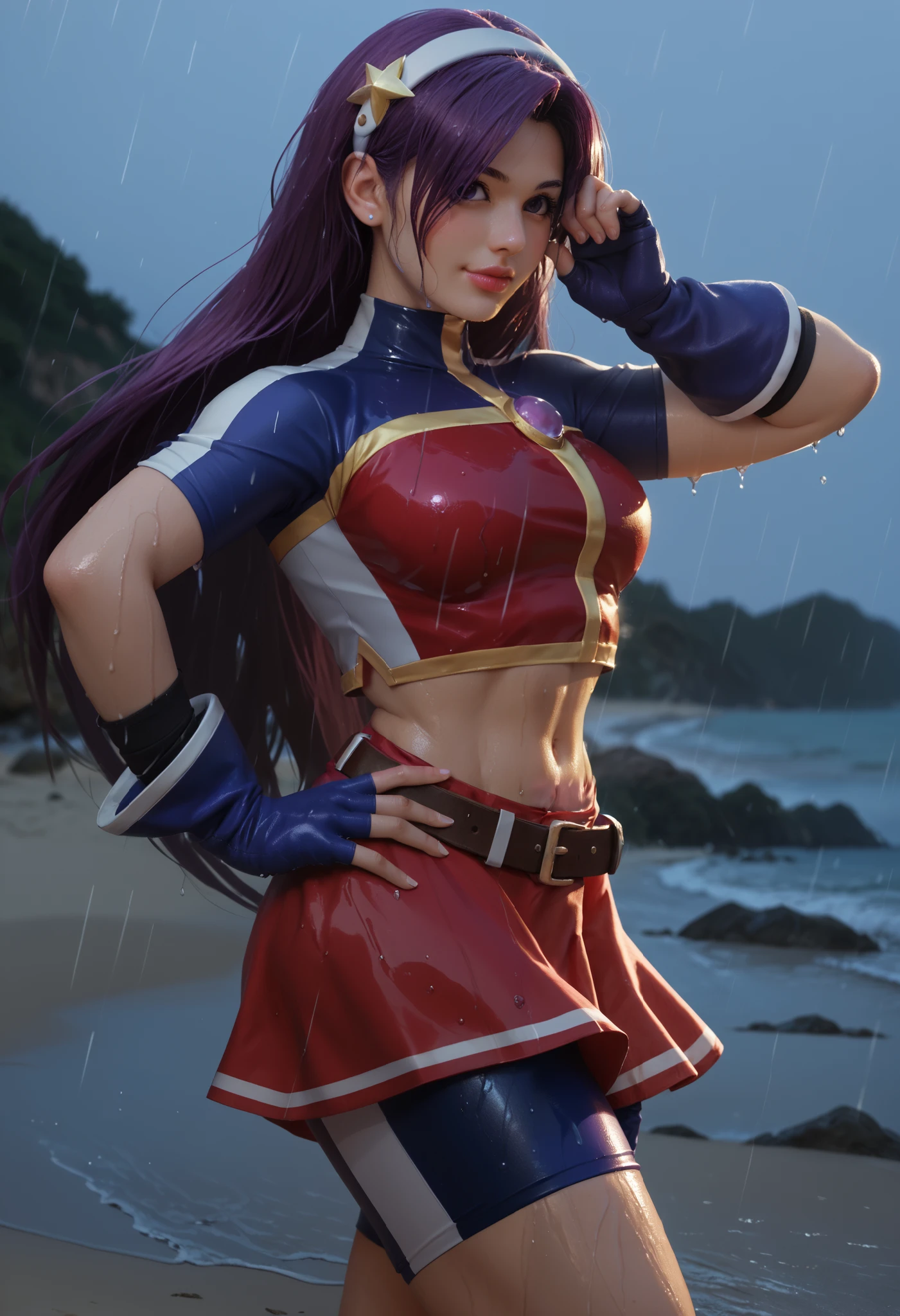 Masterpiece,best quality,ATHKOF2002, purple hair, long hair, purple eyes, white hairband, blue sleeves, pearl (gemstone), short sleeves, red top, belt, fingerless gloves, navel, red skirt, biker shorts, blush, solo,skin tight clothes, standing on beach, seductive pose, light breeze, beach setting,shiny skin, cowboy shot, midriff, thick thighs, shiny clothes, one hand on hip,other had on hair, (light smile:0.7), closed mouth,big lips,night,rain ,wet