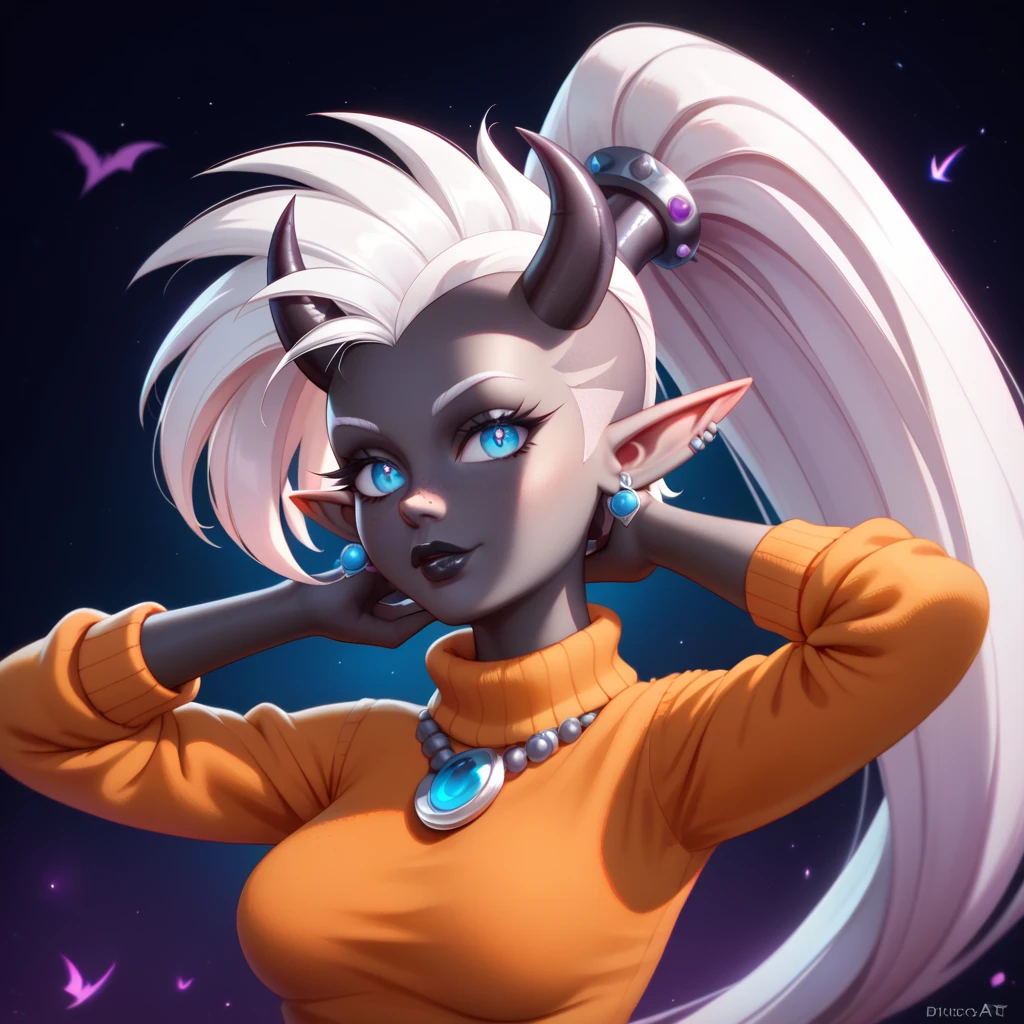 score_9, score_8_up, score_7_up, ((Masterpiece)), ((highres)), ((1girl, solo)), Random poses, beautifully detailed succubus girl, ((white hair, mohawk w/long ponytail)), (((defined elf ears with ear guages))), defined eyes, pastel iris, long eye lashes, defined nose, black lipstick, curvy, orange sweater, (((Black skin))), (((black demon horns))), breasts, night sky, pastel gothic style, gothic style art, gothic asthetic, (((mulitcolored background))), (((bust shot))), (((Scooby Doo art style)))
