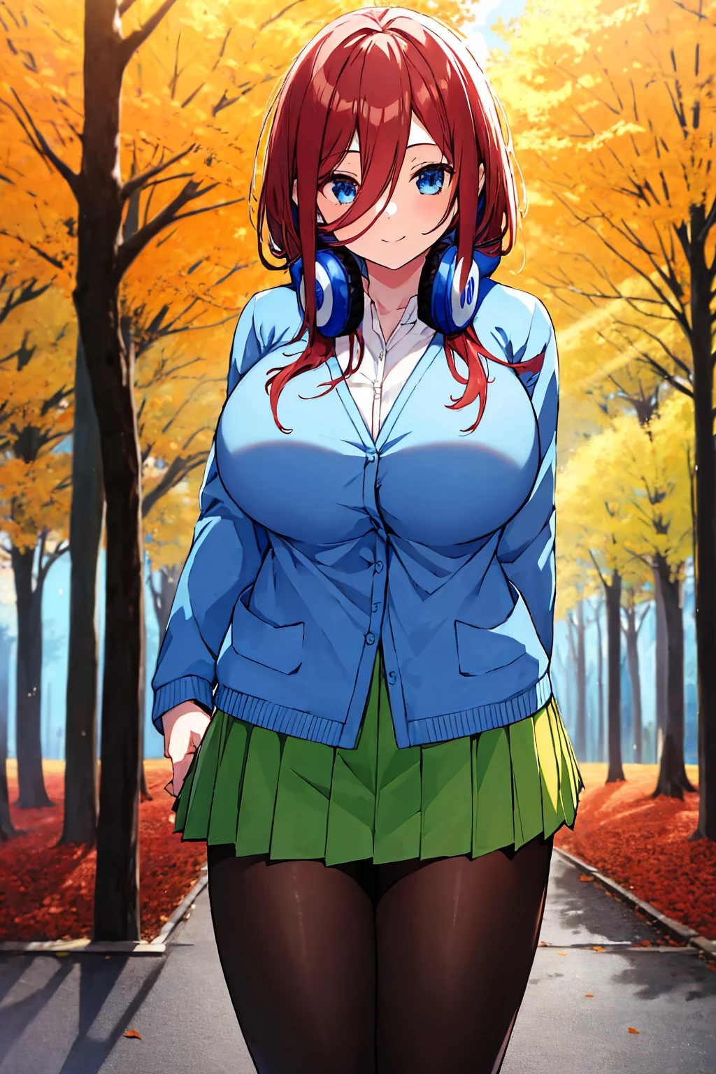 masterpiece, best quality, 1girl, nakano miku, solo,
blue eyes,
hair between eyes, brown hair, red hair,  long hair,
headphones,
blue cardigan, open cardigan,
white shirt,
(gigantic breasts:0.95),
black pantyhose, green skirt,
cowboy shot,( from below:0.8),
outdoors,
light smile,