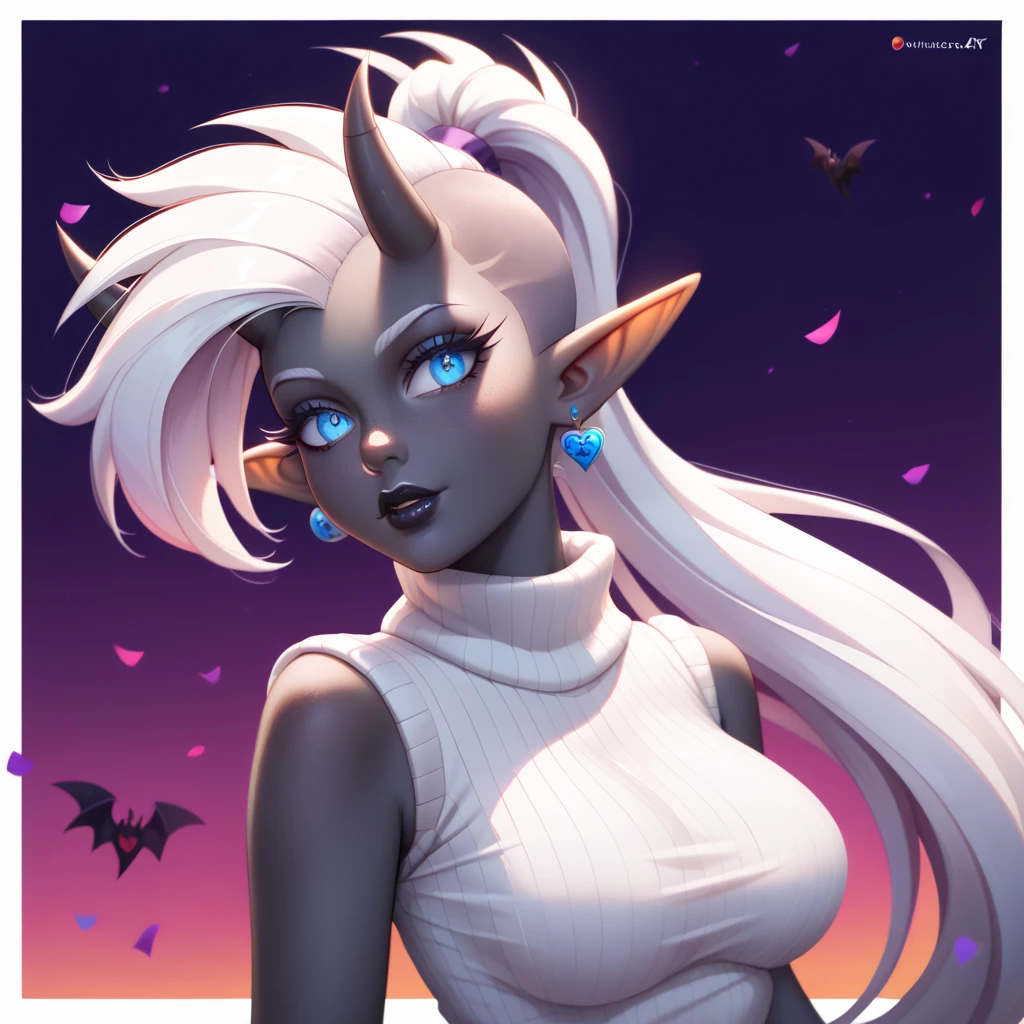 score_9, score_8_up, score_7_up, ((Masterpiece)), ((highres)), ((1girl, solo)), Random poses, beautifully detailed succubus girl, ((white hair, mohawk w/long ponytail)), (((defined elf ears with ear guages))), defined eyes, pastel iris, long eye lashes, defined nose, black lipstick, curvy, white sweater, (((Black skin))), (((black demon horns))), breasts, night sky, pastel gothic style, gothic style art, gothic asthetic, (((mulitcolored background))), (((bust shot))), (((Scooby Doo art style)))
