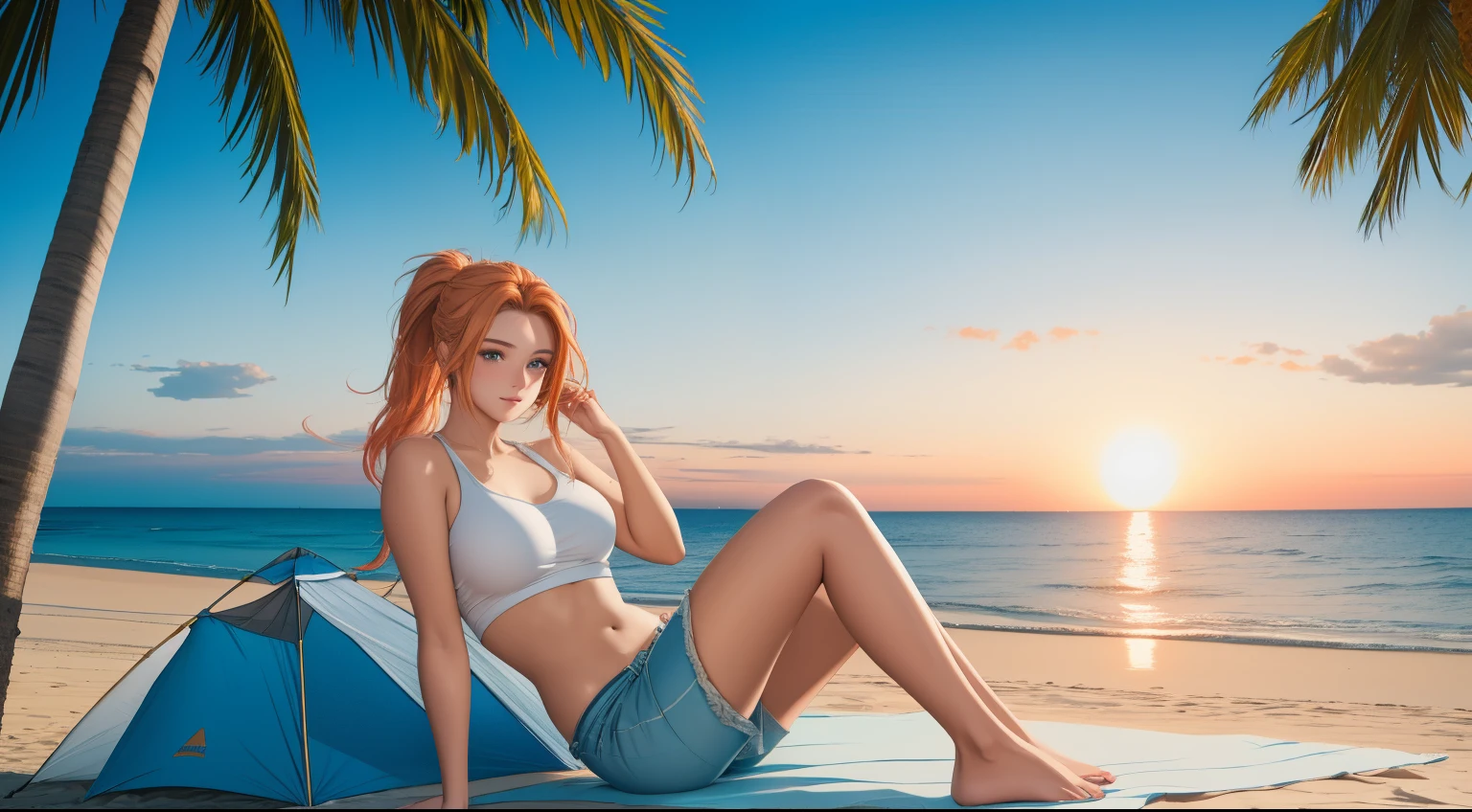 "A serene beach camping scene set against the backdrop of soft, white sand and a sparkling blue ocean. Gentle waves lap at the shore, their rhythmic motion harmonizing with the tranquil atmosphere. A young woman with blonde-red hair tied in a sleek ponytail sits near a glowing modern campfire, its warmth contrasting with the cool ocean breeze. She wears a simple white tank top and denim shorts, embodying a relaxed and carefree vibe. Around her, minimalist camping gear is neatly arranged, and an open tent frames the stunning seaside view. In the background, tall palm trees sway gently, while the golden sunlight reflects off the water, casting a magical glow over the scene. This idyllic setting captures the perfect balance between adventure and the calming embrace of nature on a pristine beach."







