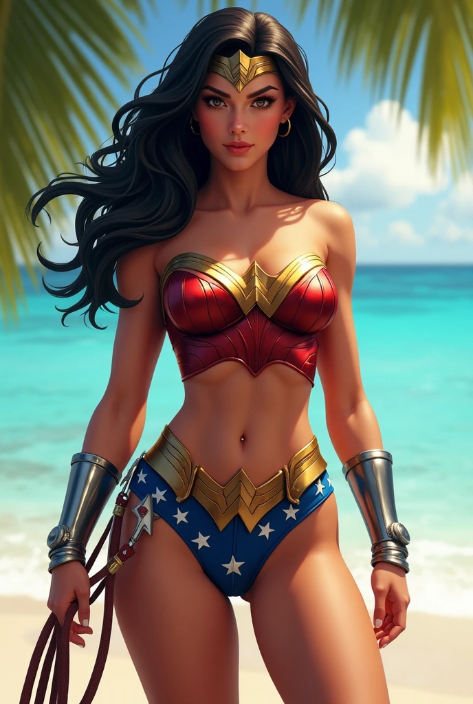 Wonder Woman in a bikini on a beach crouching and turning backwards