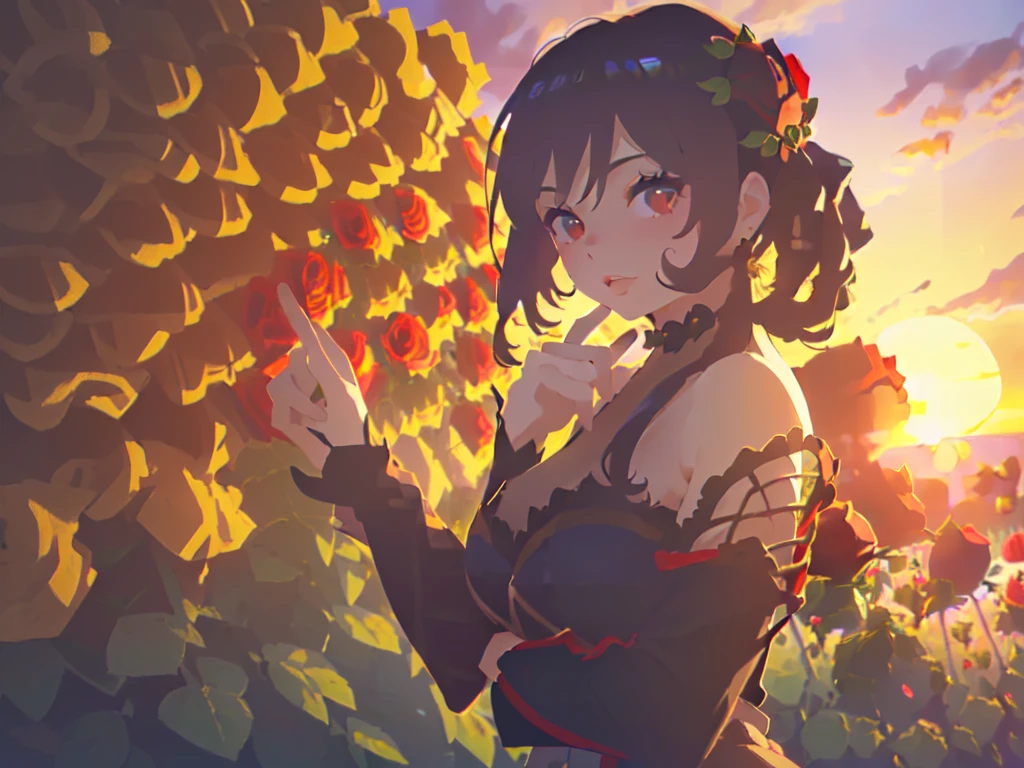 (Solo:2), (Young Woman:2), Gentildonna, (Majestic Meadow Surrounded by Many Red Roses:2), (Sunset:2), (Bust-up only, low angle, focus on breasts), (Accurate body structure, accurate hand structure, accurate finger structure, short fingers), (Carefully drawn, amazing artwork, best quality, high resolution, 8K, detailed, delicate)