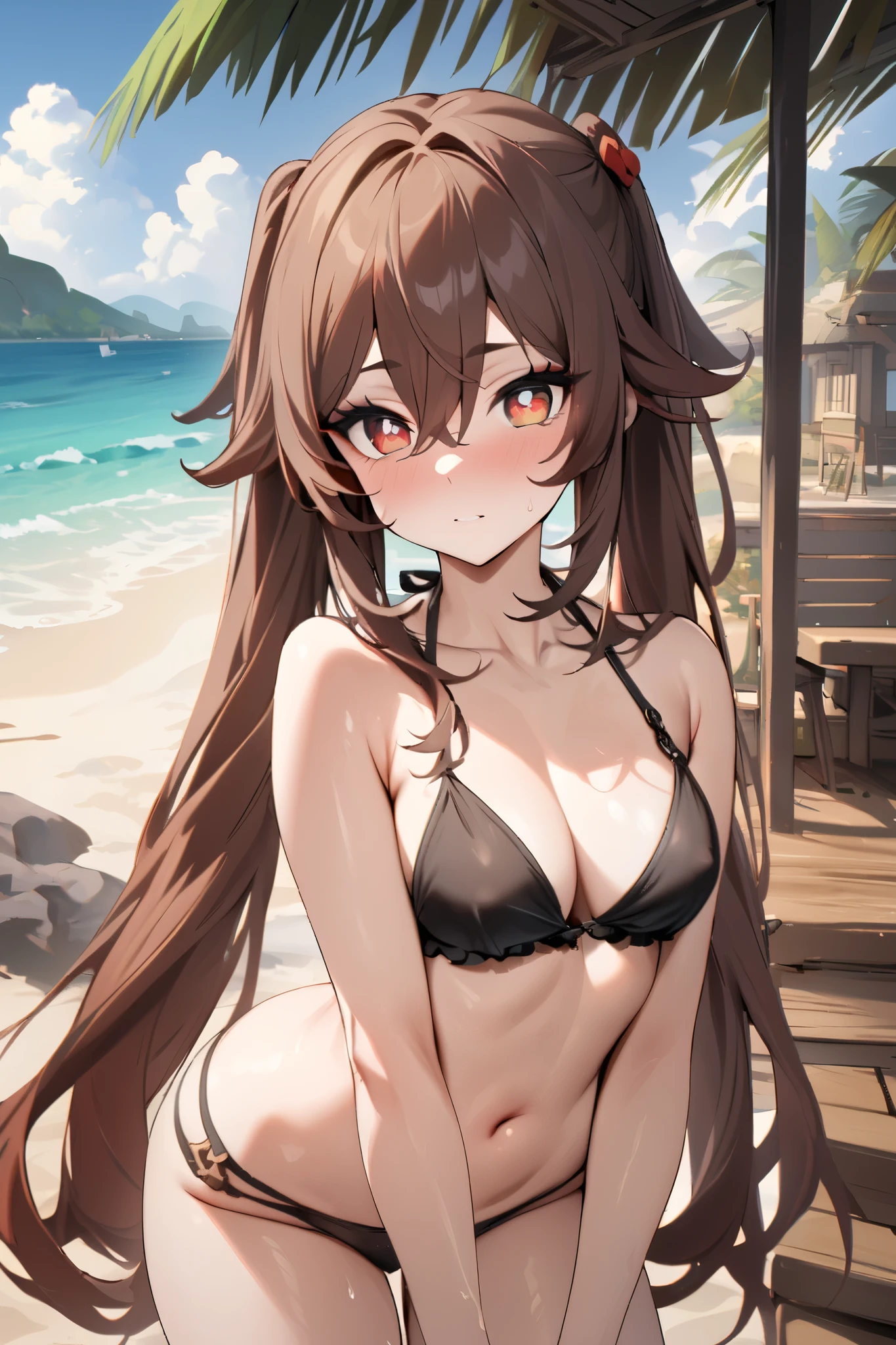 NSFW,masterpiece, top quality , high res, very detailed,Futao\(Genshin Impact\)、 long hair、bangs、Brown Hair、Red Eye、 hair between eyes、 twin tails、side lock、 symbol shaped pupil , bikini,beach, palm trees,Beach House