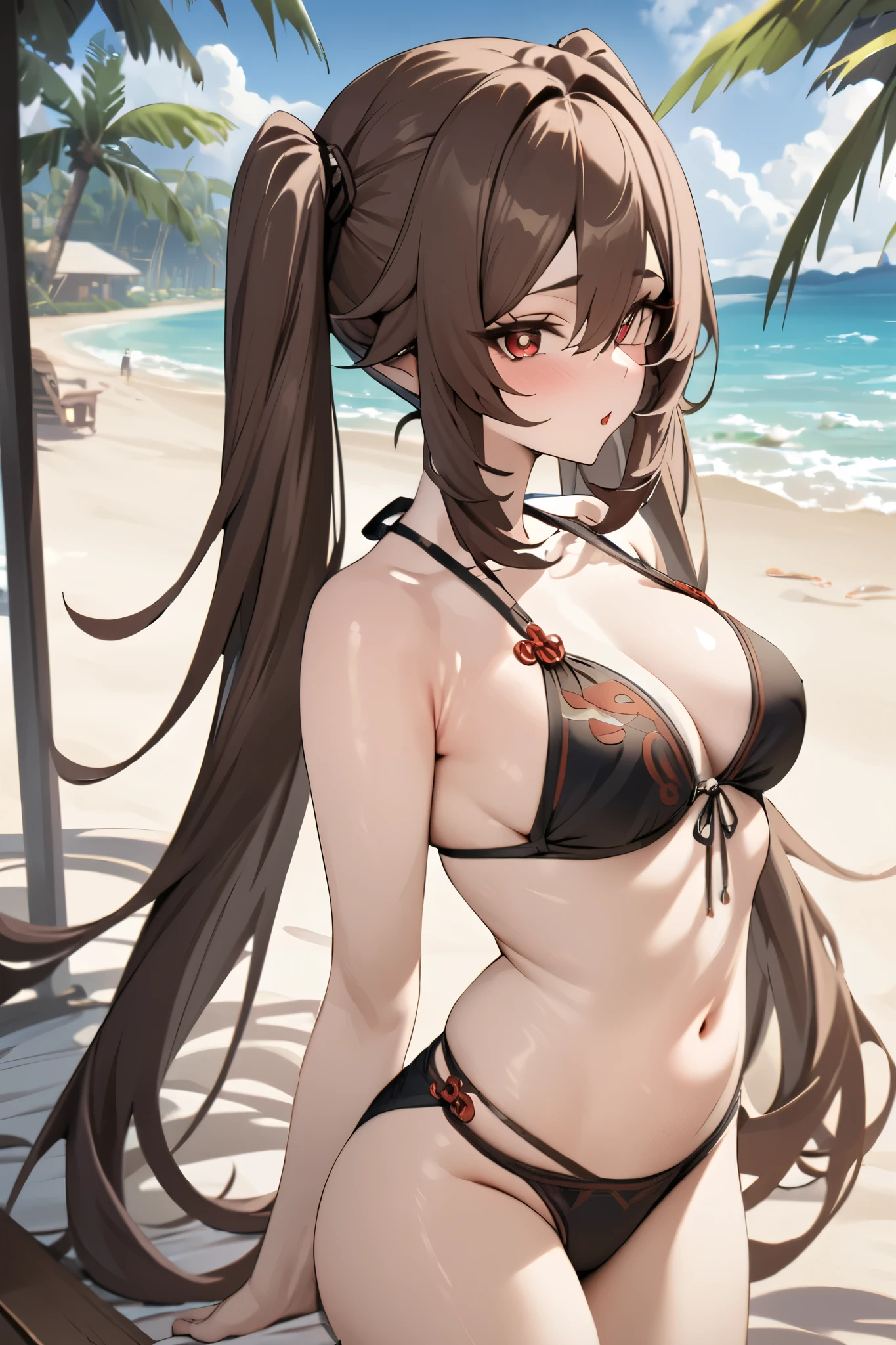 NSFW,masterpiece, top quality , high res, very detailed,Futao\(Genshin Impact\)、 long hair、bangs、Brown Hair、Red Eye、 hair between eyes、 twin tails、side lock、 symbol shaped pupil , bikini,beach, palm trees,Beach House