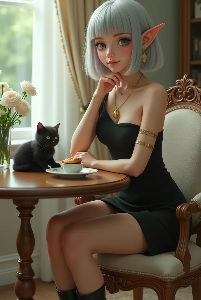 1 lady, solo, A elven lady\(silver bob cut, blunt bangs, green eyes, Pointy Ears, gold bangle, bare shoulder black mini dress, black short boots\) is enjoying tea and shortcake at the living room table. with a fluffy black kitten\(no extra tails\) on the table