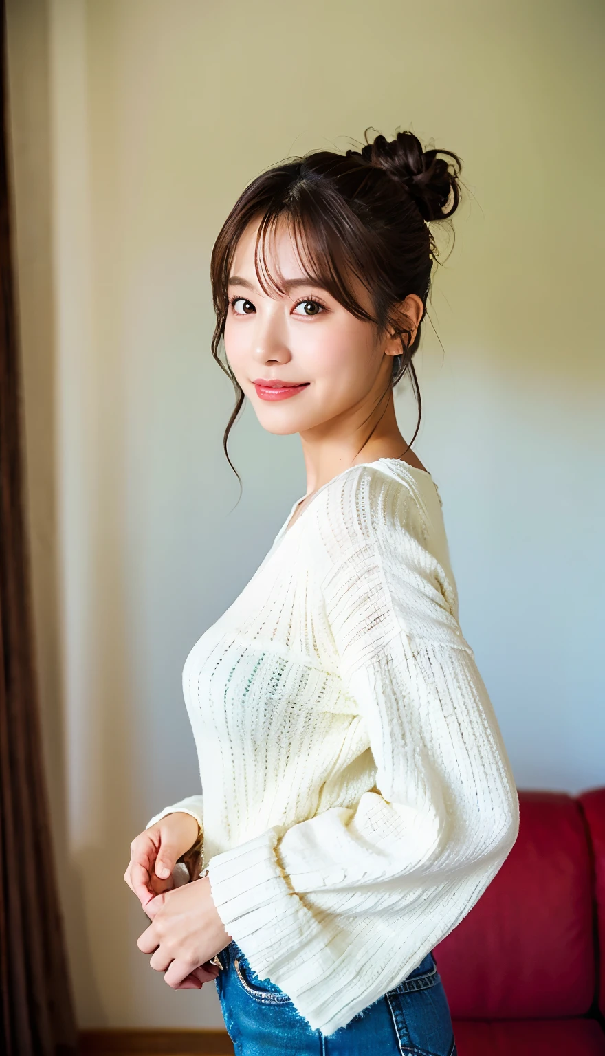 Top quality, 1 beautiful woman, Slim Body, Busty Breasts, half smile, linger, 35mm lens, f/1, cowboy shot , from_side , bun hair, wearing white Bell-sleeve-sweater skinny jeans, Elevate saturation for striking visuals, simple room