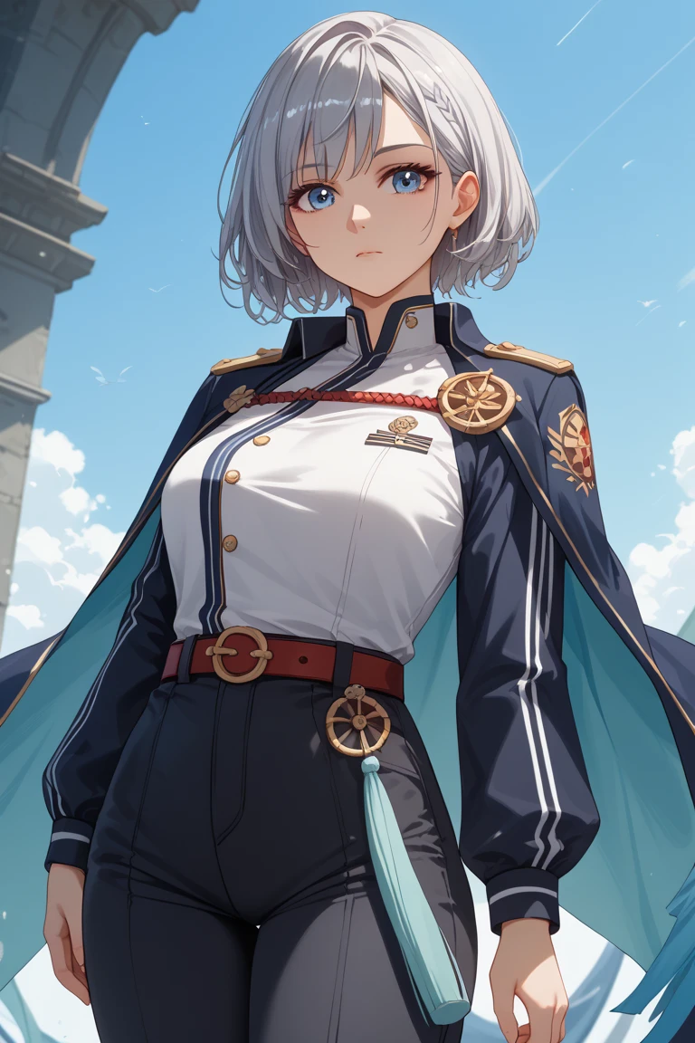 top-quality 、Full limbs、complete fingers、Slender beauty、straight haired、very short hair of white color、knee high、military uniform、blue and Small eyes、Recurve the body、wriggling the body、military personnel (one Girl)、cool expression、