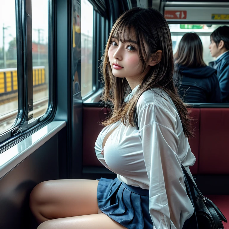 (realistic、Like a photograph、live action、8k, Photoreal, RAW photo, best image quality: 1.4), Single-lens reflex camera、RAW photo, highest quality, realistic, Highly detailed CG Unity 8k wallpaper, Depth of written boundary, cinematic light, Lens flare, ray tracing, realistic background、(school uniform:1.4、shirt、pleated skirt、cleavage:1.37、big breasts、abs、skirtlift:1.2)、((super dense skin))、 1 girl,cute japanese girl、Japanese high school girl、((whole body:1.5)、look forward、looking at the viewer:1.1、upper glance、embarrassed expression、i like the style、Snazzy、Super detailed、pay attention to details、shortcut、hair arrangement、hair up、perfect costume、(white skin)、(whole bodyが見えます)、beautiful feet:1.1,sit on a train seat、View from the front、thighs、Panty shot