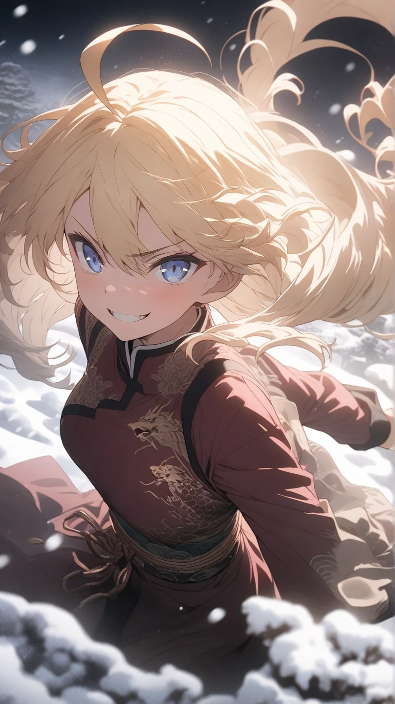 ultra-detailed, detailed face, Solo, a girl, blonde, long hair, drill hair, ahoge, blue eyes, slant eyes, narrow eyes, maroon sportswear long pants, maroon sportswear, Black platform boots, grinning, neutral, expressionless, Mouth grinning, raised fist, White oriental dragon glaring, white snow background with east asian architecture, anime, illustration, masterpiece, best quality, detailed, mystical atmosphere, Dark atmosphere, soft-edged, soft surface, simple line drawing, from side, aerial view, spot lighting, backlighting, moody lighting, underlighting, sharp shadows, fast shutter speed, 2D Anime, Best Hands, Best Hand, 135mm, F4.0, SONY FE GM,  クローズアップ, 