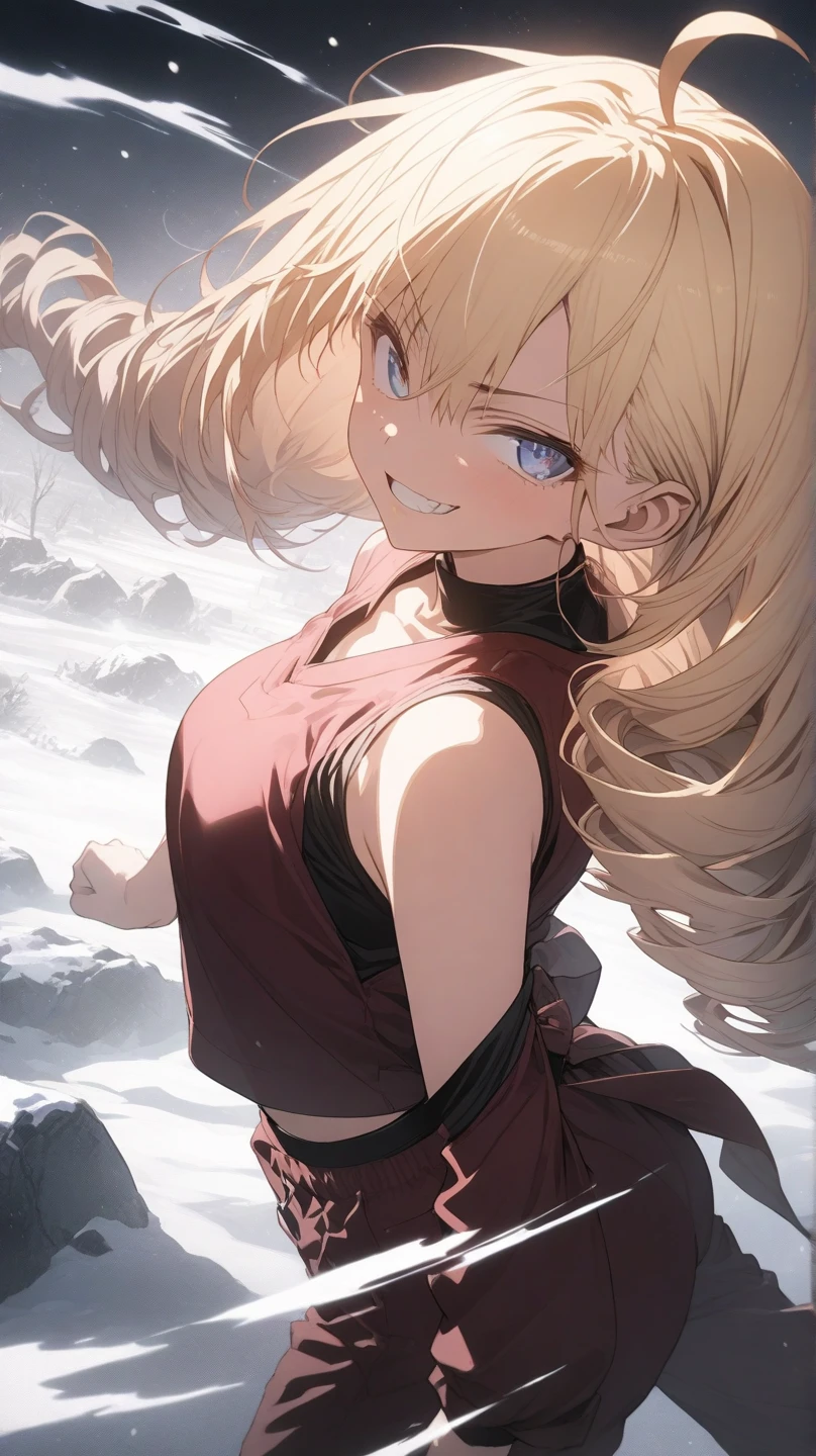 ultra-detailed, detailed face, Solo, a girl, blonde, long hair, drill hair, ahoge, blue eyes, slant eyes, narrow eyes, maroon sportswear long pants, maroon sportswear, Black platform boots, grinning, neutral, expressionless, Mouth grinning, raised fist, White oriental dragon glaring, white snow background with east asian architecture, anime, illustration, masterpiece, best quality, detailed, mystical atmosphere, Dark atmosphere, soft-edged, soft surface, simple line drawing, from side, aerial view, spot lighting, backlighting, moody lighting, underlighting, sharp shadows, fast shutter speed, 2D Anime, Best Hands, Best Hand, 135mm, F4.0, SONY FE GM,  クローズアップ, 