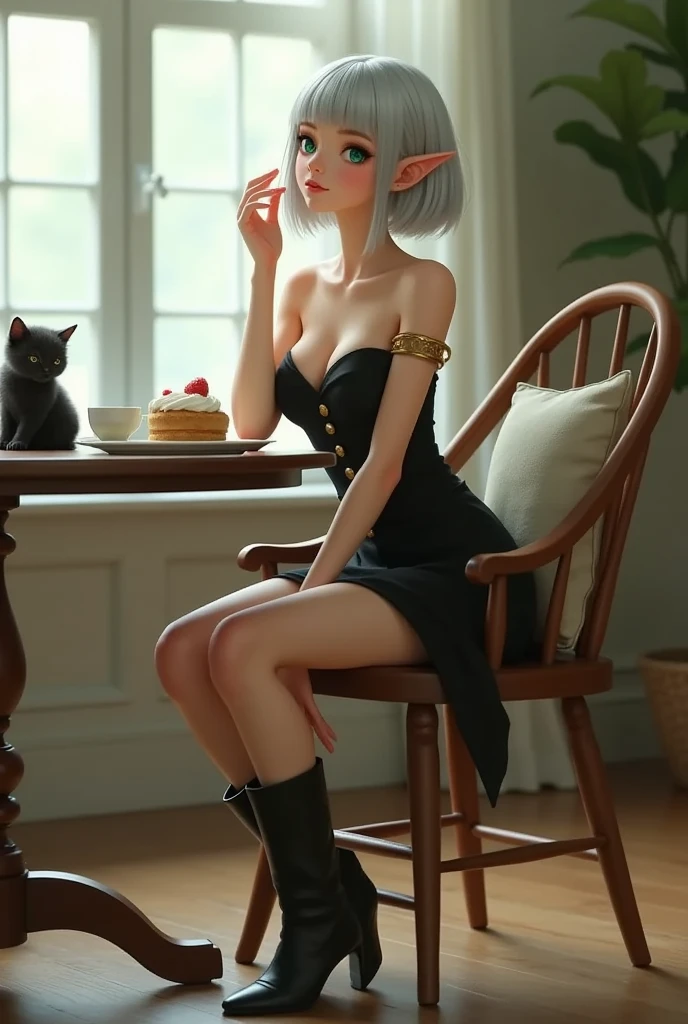 1 lady, solo, A elven lady\(silver bob cut, blunt bangs, green eyes, Pointy Ears, gold bangle, bare shoulder black mini dress, black short boots\) is enjoying a cup of tea and a plate of a shortcake at the living room table. with a fluffy black kitten\(no extra tails\) on the table