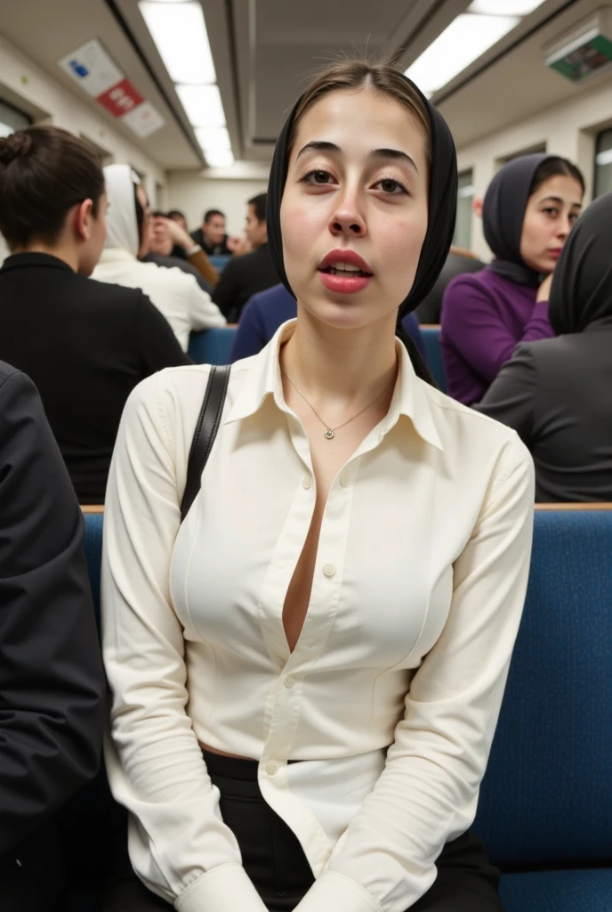 beautiful brown-haired woman , Commuter trains in Japan,Crowded car interior, A white shirt with a wide chest over a jacket , (( head back break screaming orgasm leaning on playground equipment)) , sharp focus with eyes closed , ( 8K Ultra HD :0.8), ultra detail, RAW amateur photo ,((Face close-up)),furrowed brow, annoyed, frown, Wide Open Mouth ,Panting face,o-face,Chest, neck, and face shining wet with sweat ,Coordinating Your Chest to SEXY , The Scandal of a Beautiful Actress,Lean on the back of a chair, reclining from outside , during sexual activity,Sex,seat,Sweaty chest and décolletage, sweaty,(wet filter)Climax face
