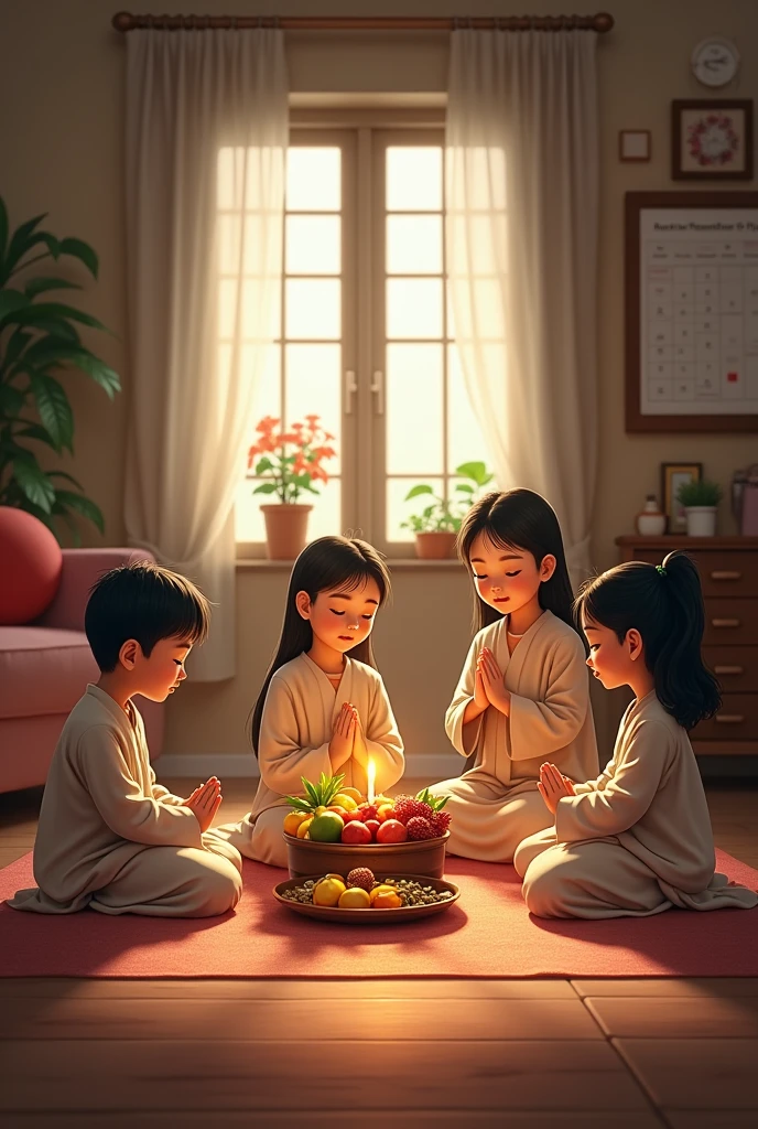 We have an image in which some small children are sitting at a place and worshiping God. High quality image.