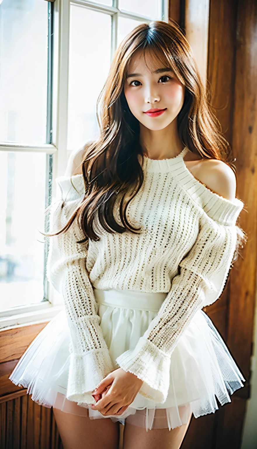 Top quality, 1 beautiful woman, Slim Body, Busty Breasts, half smile, linger, 35mm lens, f/1, cowboy shot ,from below, absurdly long hair, wearing white Bell-sleeve-sweater white tutu, school