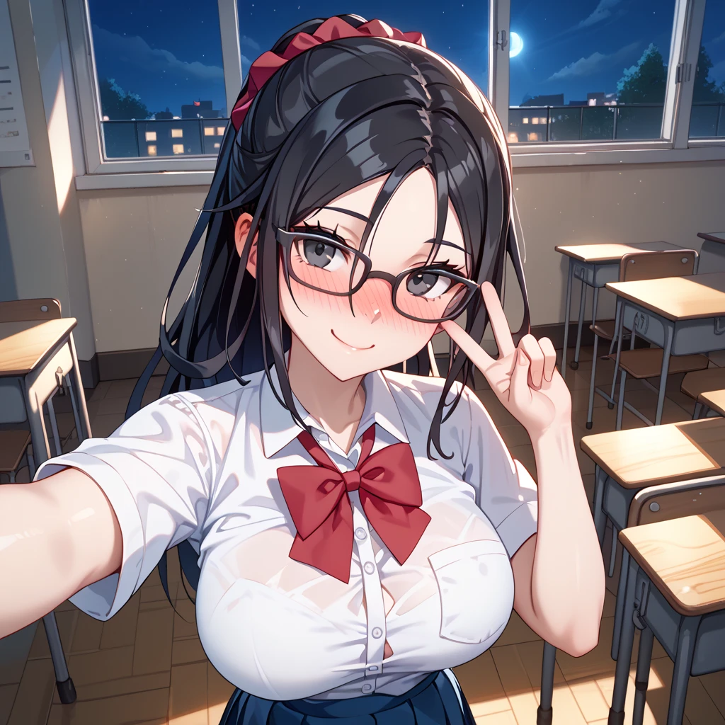 (score_9, score_8_up, score_7_up), source_anime,masterpiece, best quality, 1 girl, solo,
 large breasts,
vc4kai, black hair, black eyes, ponytail, school uniform, glasses, collared shirt, blue skirt, green bowtie, red ribbon,selfie,
,night,
, classroom ,  pov,,look at viewar,,,((happy smile:1.5)),  (nose blush:1.3) 