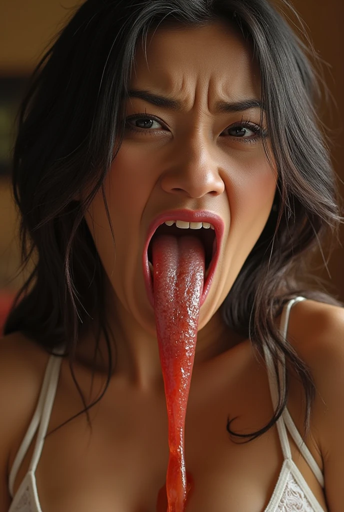 (8k,  RAW photos ,  top quality , masterpiece), ( photorealistic),  Outstanding Details ,  super high res,  ANATOMICALLY CORRECT ,  textured skin, ( Extremely Accurate Anatomy), beautiful women,furrowed brow, rolling eyes, frown, drooling, saliva trail, long tongue, oral invitation, anatomically correct, textured skin, super detail,ahegao, 