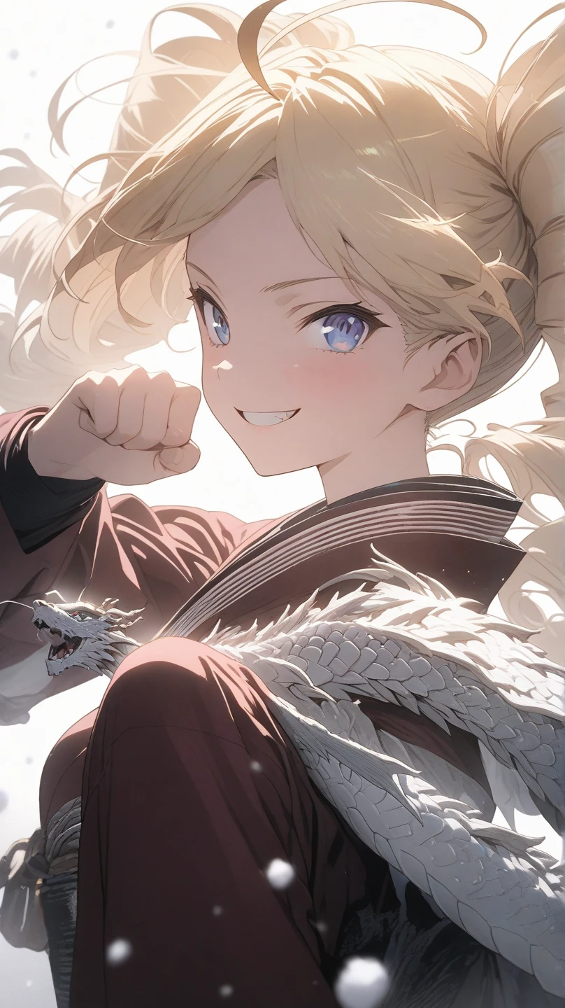 ultra-detailed, detailed face, Solo, a girl, blonde, long hair, drill hair, ahoge, blue eyes, slant eyes, narrow eyes, maroon sportswear long pants, maroon sportswear, Black platform boots, grinning, neutral, expressionless, Mouth grinning, raised fist, (a white oriental dragon glares behind the girl), white snow background with east asian architecture, anime, illustration, masterpiece, best quality, detailed, mystical atmosphere, Dark atmosphere, soft-edged, soft surface, simple line drawing, from side, aerial view, spot lighting, backlighting, moody lighting, underlighting, sharp shadows, fast shutter speed, 2D Anime, Best Hands, Best Hand, 135mm, F4.0, SONY FE GM,  クローズアップ, 