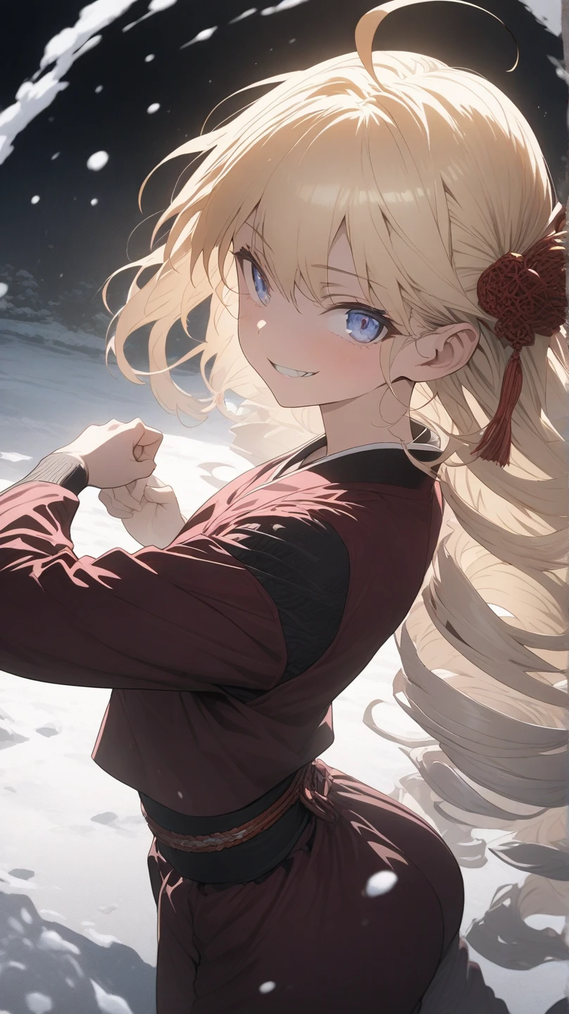 ultra-detailed, detailed face, Solo, a girl, blonde, long hair, drill hair, ahoge, blue eyes, slant eyes, narrow eyes, maroon sportswear long pants, maroon sportswear, Black platform boots, grinning, neutral, expressionless, Mouth grinning, raised fist, (a white oriental dragon glares behind the girl), white snow background with east asian architecture, anime, illustration, masterpiece, best quality, detailed, mystical atmosphere, Dark atmosphere, soft-edged, soft surface, simple line drawing, from side, aerial view, spot lighting, backlighting, moody lighting, underlighting, sharp shadows, fast shutter speed, 2D Anime, Best Hands, Best Hand, 135mm, F4.0, SONY FE GM,  クローズアップ, 