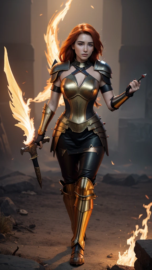 ((Best Quality)), ((Masterpiece)), ((Realistic)), ((Valkyrie)), Standing boldly before a roaring dragon's head, amidst a smoke-shrouded courtyard of a medieval fortress, due to the dragon's destructive flames shortly before the collapse stands. Debris and ash dance in the air as stray rays of moonlight find their way through the smoke into the courtyard, casting dramatic shadows. The Valkyrie, impressive in her detailed armour, her stance resolute, holds her sharp-forged spear ready to confront the dragon. Her helm reflects the flickering fire erupting from the dragon's head. Every piece of their armor and every element of their appearance speaks of their bravery and willingness to fight. The scorpion fish is a masterpiece in its own right, with bright, fierce eyes and sharp teeth protruding from its wide-open maw. Smoke and sparks rise from its nostrils, creating an ominous aura. Its mighty scales gleam in the dim moonlight, every detail testifying to its fearsome presence. The entire scene is lit by the flickering flames that eat away at the stonework of the once-proud fortress. One can clearly see the rough masonry, the cracks in the stones and the dust rising from the collapsing walls. Eye to eye, quaint, masterpiece