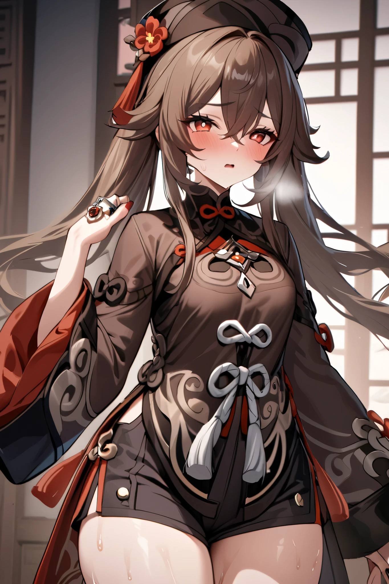 NSFW,masterpiece, top quality , high res, very detailed,Futao\(Genshin Impact\)、 long hair、bangs、Brown Hair、Red Eye、 hair between eyes、 twin tails、side lock、 symbol shaped pupil , Long Sleeve 、hat、gem、flower、 SHORTS、 wide sleeve、 comments、 Chinese clothes、黒の SHORTS、ring、Black Nails、hat飾り、hatのflower,sweat,Heavy breathing,blush