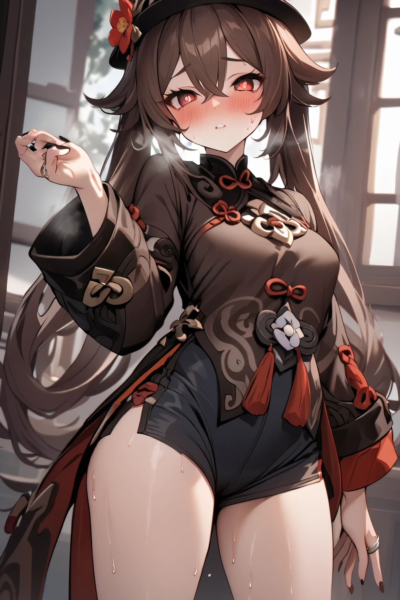 NSFW,masterpiece, top quality , high res, very detailed,Futao\(Genshin Impact\)、 long hair、bangs、Brown Hair、Red Eye、 hair between eyes、 twin tails、side lock、 symbol shaped pupil , Long Sleeve 、hat、gem、flower、 SHORTS、 wide sleeve、 comments、 Chinese clothes、黒の SHORTS、ring、Black Nails、hat飾り、hatのflower,sweat,Heavy breathing,blush