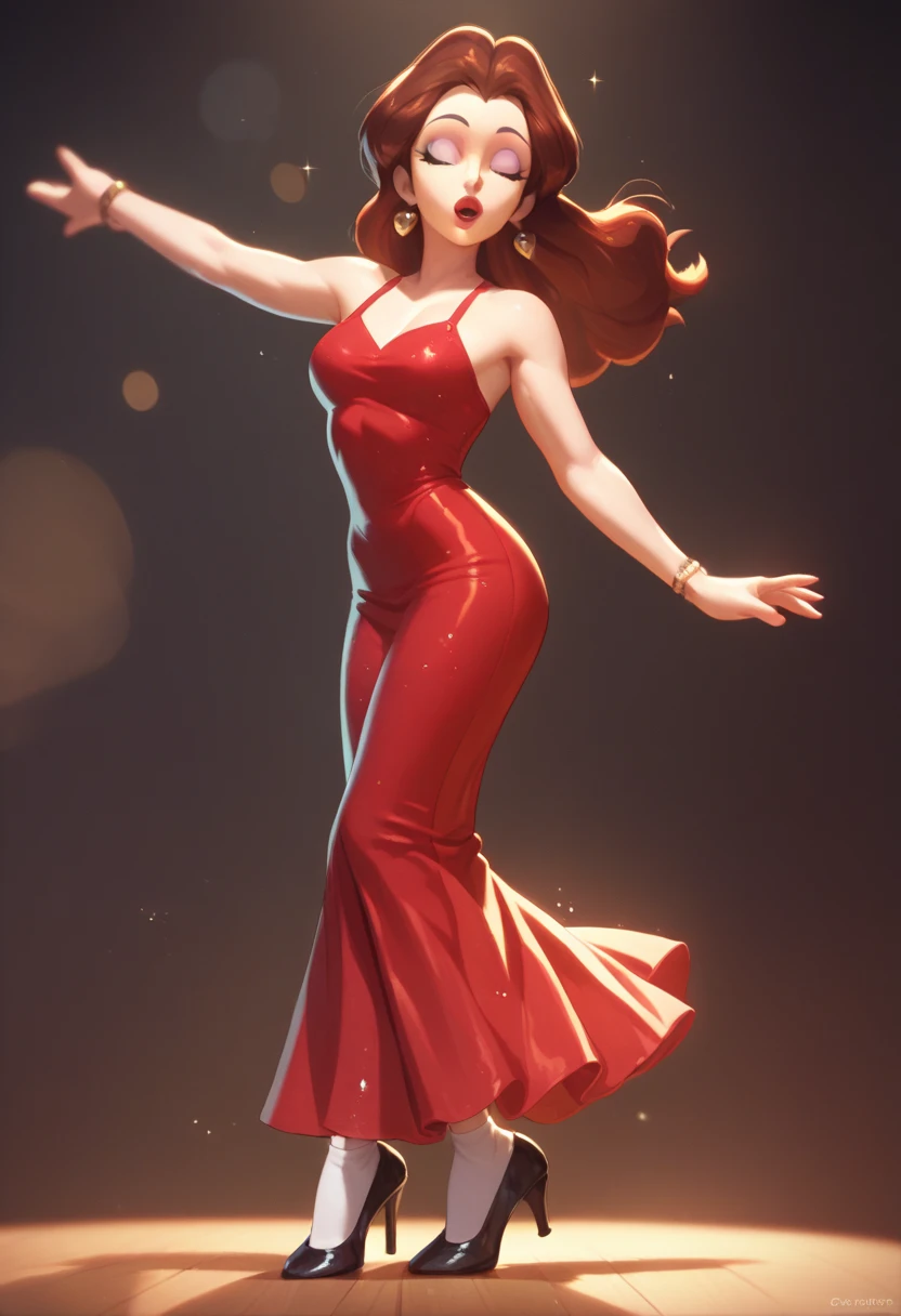 Cute Pauline wearing a sparkling red tight dress, black Mary Jane strap tap heels with white socks,,performing on stage with a city background, black mix with brown hair, eyes are centered,, while tap dancing, 