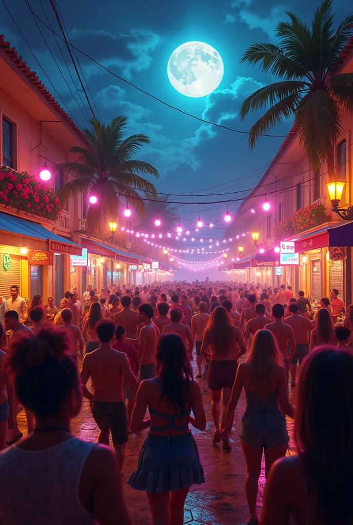 (copacabana, night, neon), street fair of Brazil, tattooed women, semi-naked, [long black hair:1.2], night lighting, night environment, marginal environment, mild temperature
