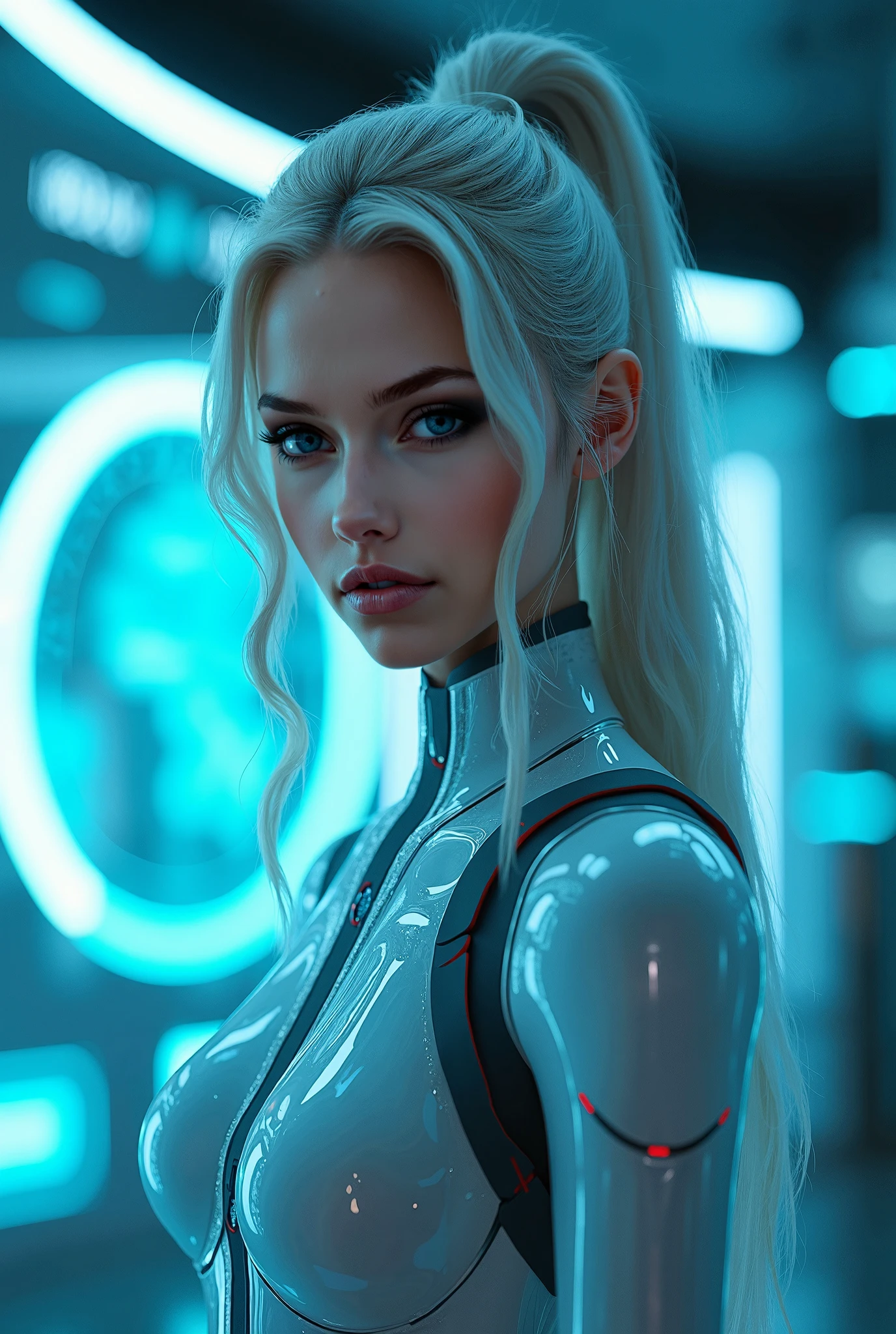 Create a semi-realistic image of a humanoid named Nova with an almost human appearance. Show her full body, with smooth and natural skin, Pale Tom, and elegant and realistic hair. Nova wears a tight-fitting futuristic outfit, metallic in color, with illuminated panels that display a visible model number and LED accents. Your eyes are expressive and contemplative. She is in a thoughtful pose, perhaps with a hand touching the face, in a futuristic environment with technological elements, as panels