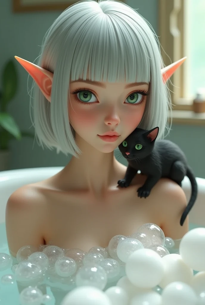 1 lady, solo, A elven lady\(silver bob cut, blunt bangs, green eyes, Pointy Ears, no wear, her body is under water\) is taking a bath in a bathtub full of soap bubbles. with a fluffy black kitten\(no extra tails\)