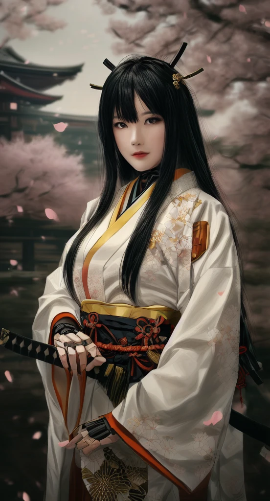 A cybernetic samurai woman in a traditional Japanese kimono with intricate golden patterns, standing in a serene environment surrounded by cherry blossom trees in full bloom. Her black hair flows naturally, accented with elegant hairpins. Her robotic hands hold a katana with a detailed hilt, while her calm, piercing gaze reflects strength and mystery. The background features a traditional Japanese temple bridge, partially obscured by the gentle fall of pink sakura petals. The lighting is soft and atmospheric, emphasizing the blend of traditional Japanese aesthetics and futuristic cyberpunk elements. High detail, ultra-realistic rendering, cinematic composition.