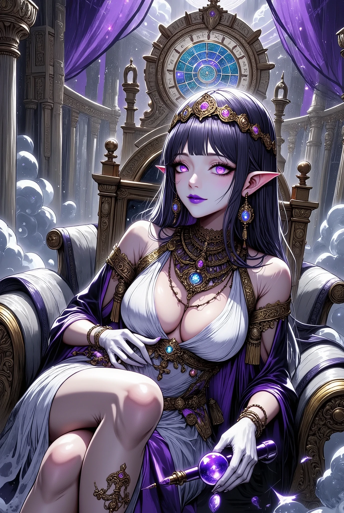 (Ultra-detailed face, Looking away, Fantasy Illustration with Gothic. Dark tone colors.), BREAK 
(The goddess of death and rebirth lies gracefully on a luxurious, bed-like sofa in the style of an Egyptian temple of Philae-like sanctuary, holding a tin cane with a cobra motif and gracefully supported by cushions. The sofa is made of acacia, decorated with gold and ivory, and has a high, ornate backrest. The back of the sofa and the railing are inscribed with divine symbols and hieroglyphics. The white stone wall behind the throne is carved with hieroglyphics and reliefs of Egyptian gods. A very sacred space.), BREAK 
(She has jet black hair and eyebrows, human ears, blunt bangs, waist-length wavy hair, lapis lazuli eyes, small pink lips, wheat-colored skin, and dark, thick eyeliner. She wears a face veil.), BREAK 
(She wears a headband with an iridescent cloisonne relief covering her forehead. She wears a wide charm necklace of woven iridescent beads. She wears a pure white cape dress of translucent linen. She wears pure white laced sandals on her bare feet. She wears antique beaded tassel earrings as accessories.)