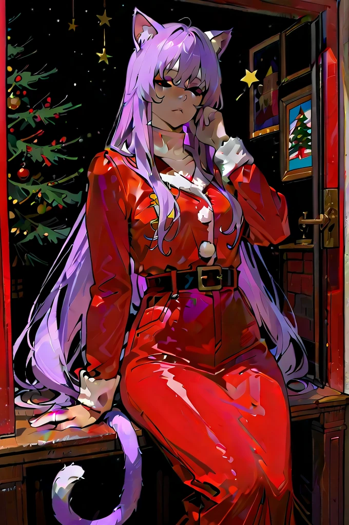  RAW photos ,  top quality ,star,Klimus Tree ,One woman, s,Age 15, girl, beauty,American , An Extraordinary Beauty,red santa costume,Wear warm clothes, Long Sleeve , long skirt , nothing,freehand,clear, small tits,Purple Hair,Purple cat ears,Purple Tail 