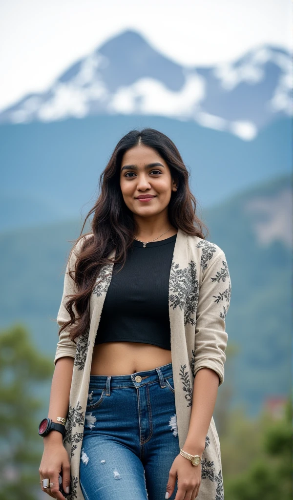 ultrarealistic photo of a 30-year-old desilatte woman, dynamic pose, wearing Jeans_with_kurta, smiling, on a mountain top background bokehAnatomically Correct, Masterpiece, 