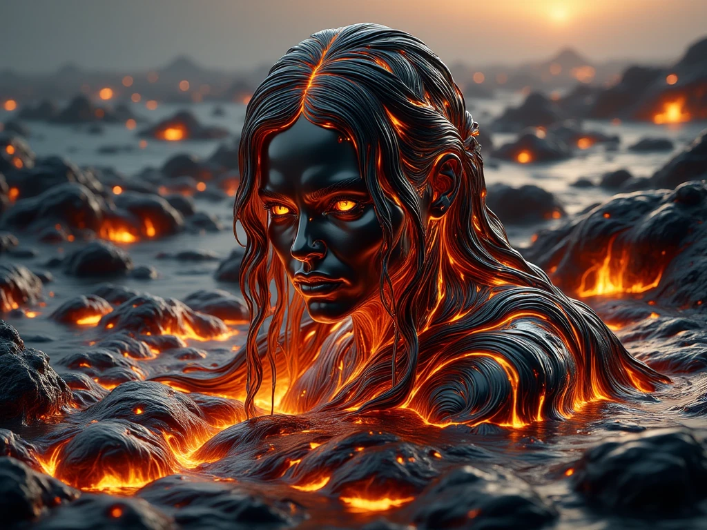 A fantastic image of an unearthly woman with loose rainbow hair emerging from the ocean of magma, waves of magma beating against her body at dusk, her hair reflecting the light, shimmering with all the colors of the rainbow, her gaze directed at the camera, she looks tensely and cautiously, creating a magical and otherworldly atmosphere, the magma around her shimmers with bright shades of black - gold color. at the bottom of the photo is the inscription ,, ART POOL GROUP,, made of 3D gold letters.  
 cinematic composition, in high quality.tense mood .