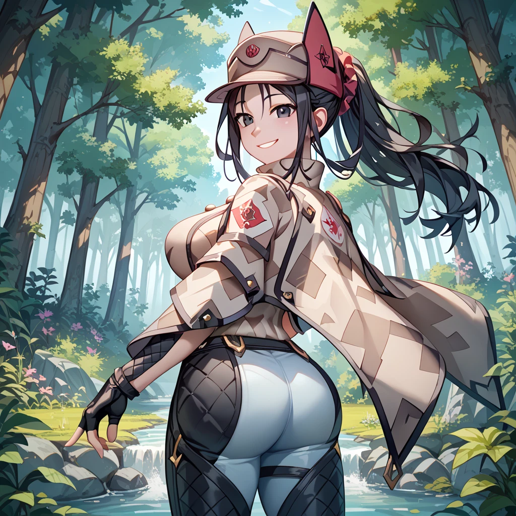 (score_9, score_8_up, score_7_up), source_anime,masterpiece, best quality, 1 girl, solo,
 large breasts,
vc4kai, black hair, black eyes, ponytail,hat, beige jacket, pants, fingerless gloves, boots,,
,,
, forest ,  back shot,,look at viewar,,,((happy smile:1.5)),   