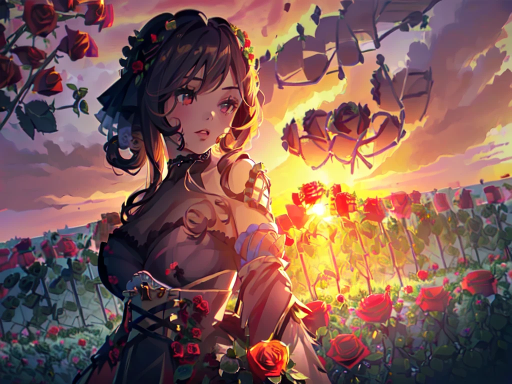 (Solo:2), (Young Woman:2), (Very Large Breasts), Gentildonna, (Majestic Meadow Surrounded by Many Red Roses:2), (Sunset:2), (Bust-up only, low angle, focus on breasts), (Accurate body structure, accurate hand structure, accurate finger structure, short fingers), (Carefully drawn, amazing artwork, best quality, high resolution, 8K, detailed, delicate)