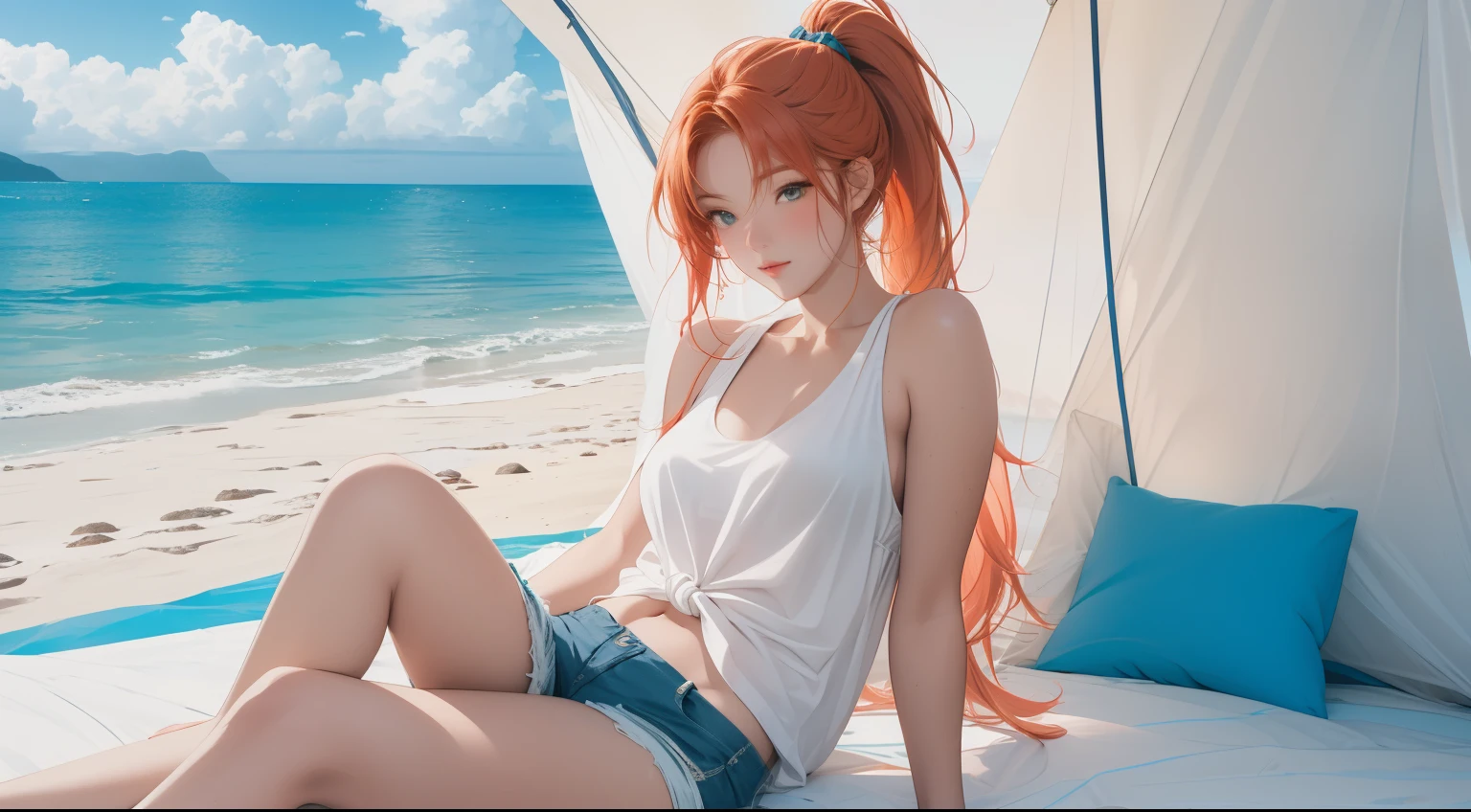 "Inside a cozy open tent on a pristine beach, a woman sits cross-legged, gazing out at the vivid blue ocean stretching into the horizon. Her blonde-red hair is tied back in a sleek ponytail, and she’s dressed in a simple white tank top and denim shorts, embodying a relaxed and carefree beachside vibe. The soft white sand extends beyond the tent, meeting gentle waves that lap at the shore in a soothing rhythm. Around her, minimalist camping gear is neatly arranged, while the warm sunlight streams through the open tent flap, illuminating the tranquil scene. The atmosphere is serene and refreshing, with the calming sounds of the ocean and the salty breeze creating a perfect moment of solitude and connection with nature."
