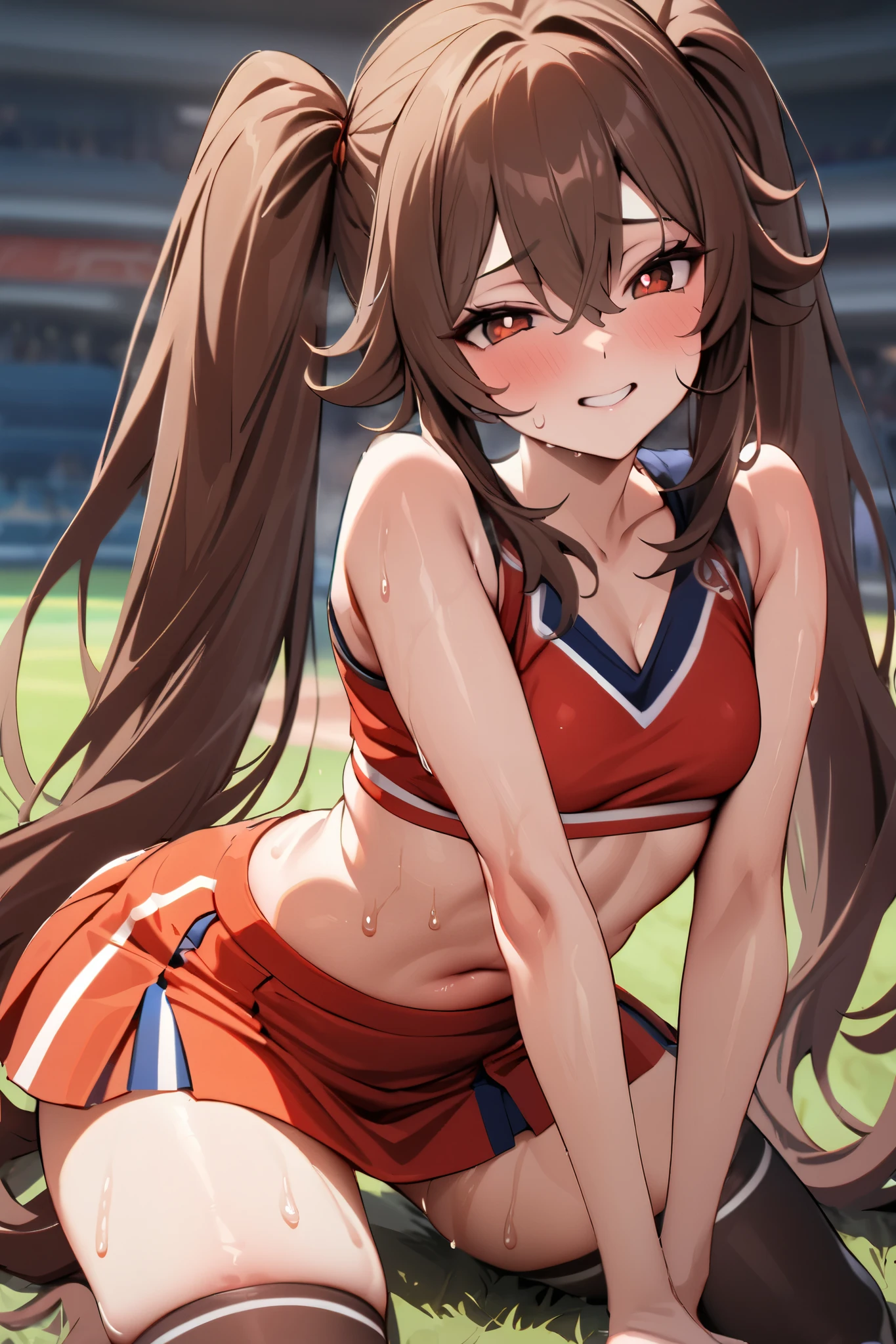 NSFW,masterpiece, top quality , high res, very detailed,Futao\(Genshin Impact\)、 long hair、bangs、Brown Hair、Red Eye、 hair between eyes、 twin tails、side lock、 symbol shaped pupil , cheerleader, crop top, miniskirt, spats,Ground, fresh smile ,sweat, cute pose