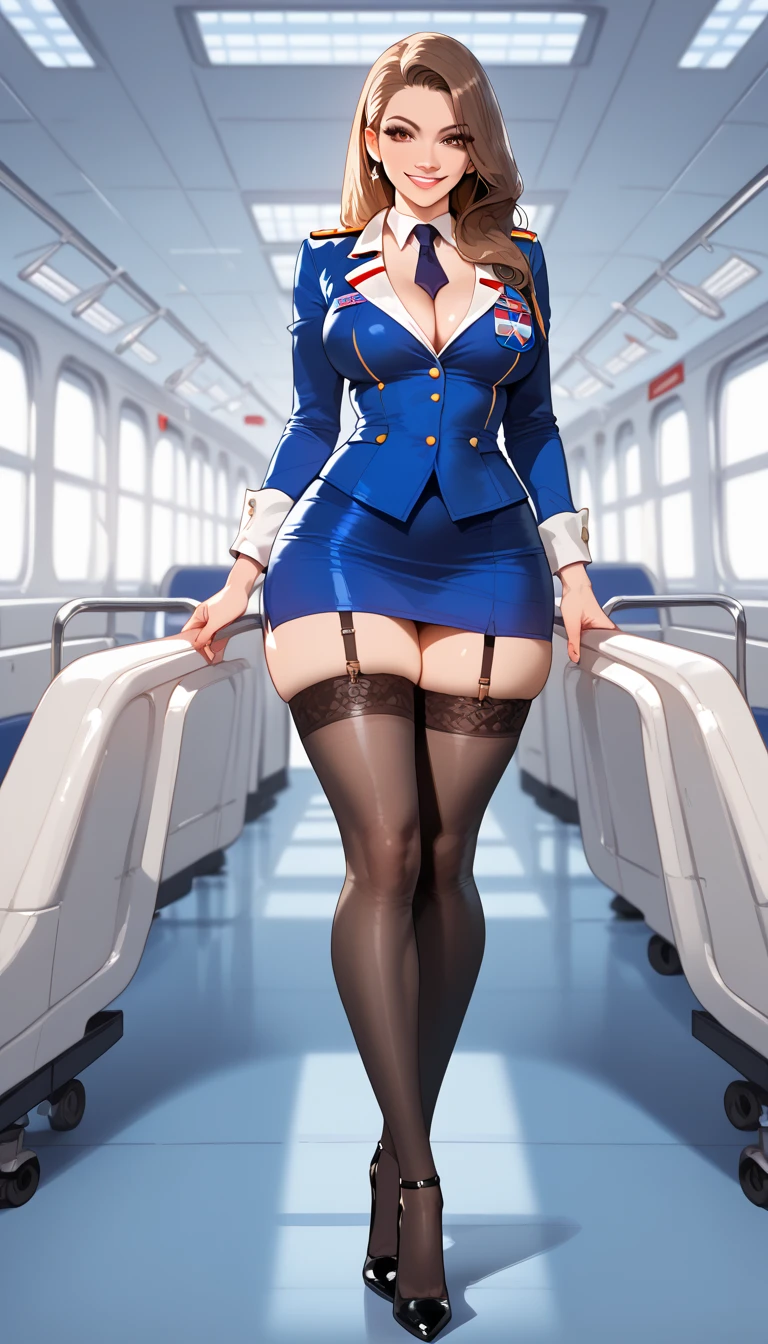a flight attendant in stockings, garter-belt, red and blue uniform, high heels shoes, naked pussy, best quality, ((masterpiece)), (Details:1.4), front face, 8k