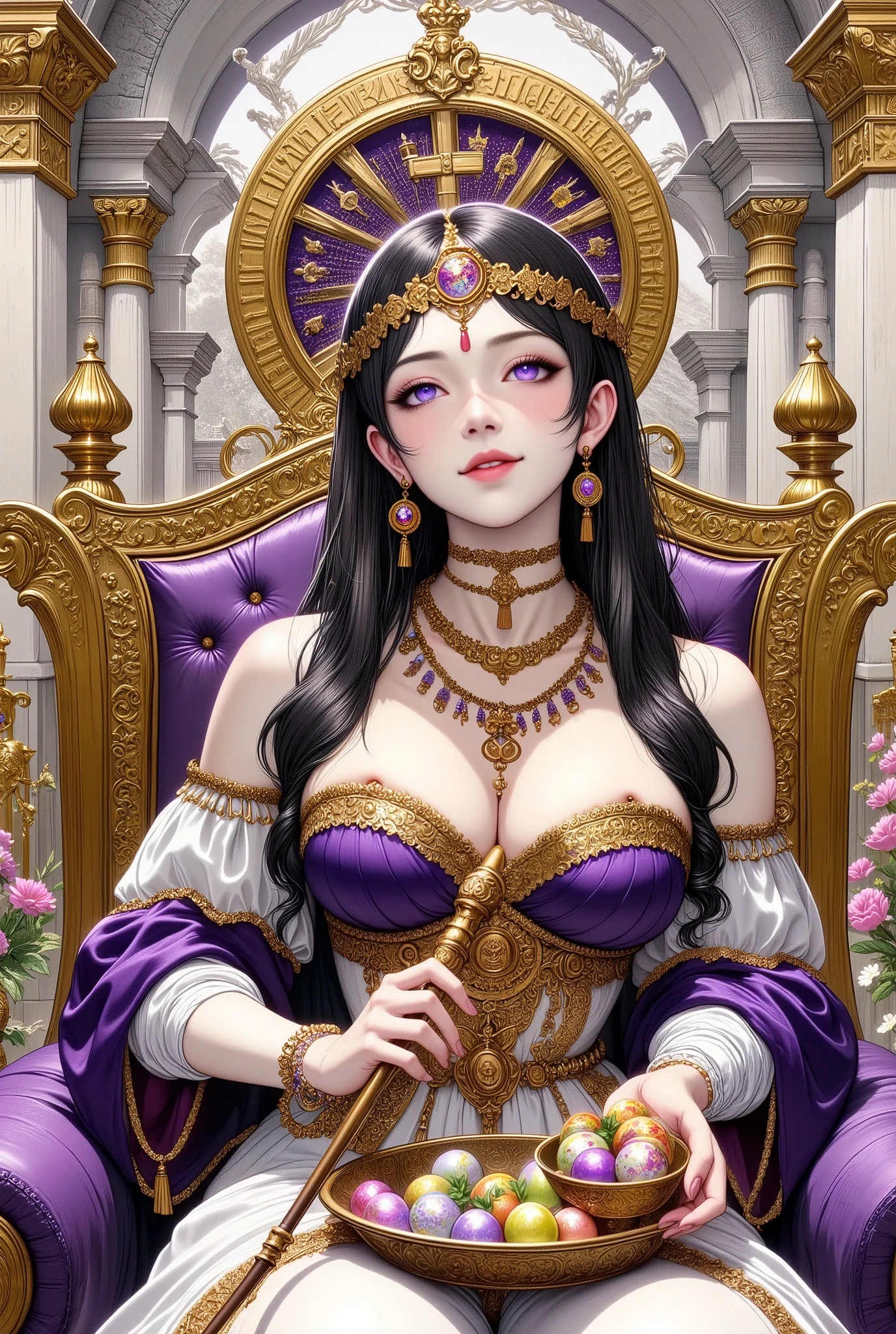 (Ultra-detailed face, Looking away, Fantasy Illustration with Gothic. Dark tone colors.), BREAK 
(The goddess of death and rebirth lies gracefully on a luxurious, bed-like sofa in the style of an Egyptian temple of Philae-like sanctuary, holding a tin cane with a cobra motif and gracefully supported by cushions. The sofa is made of acacia, decorated with gold and ivory, and has a high, ornate backrest. The back of the sofa and the railing are inscribed with divine symbols and hieroglyphics. The white stone wall behind the throne is carved with hieroglyphics and reliefs of Egyptian gods. A very sacred space.), BREAK 
(She has jet black hair and eyebrows, human ears, blunt bangs, waist-length wavy hair, lapis lazuli eyes, small pink lips, wheat-colored skin, and dark, thick eyeliner. She wears a face veil.), BREAK 
(She wears a headband with an iridescent cloisonne relief covering her forehead. She wears a wide charm necklace of woven iridescent beads. She wears a pure white cape dress of translucent linen. She wears pure white laced sandals on her bare feet. She wears antique beaded tassel earrings as accessories.)