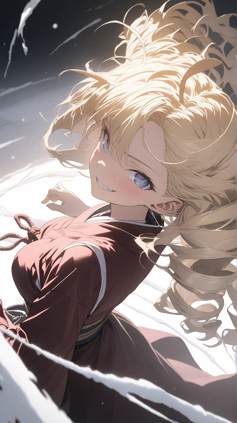 ultra-detailed, detailed face, Solo, a girl, blonde, long hair, drill hair, ahoge, blue eyes, slant eyes, narrow eyes, maroon sportswear long pants, maroon sportswear, Black platform boots, grinning, neutral, expressionless, Mouth grinning, raised fist, (A small white oriental dragon flies around the girl), white snow background with east asian architecture, anime, illustration, masterpiece, best quality, detailed, mystical atmosphere, Dark atmosphere, soft-edged, soft surface, simple line drawing, from side, aerial view, spot lighting, backlighting, moody lighting, underlighting, sharp shadows, fast shutter speed, 2D Anime, Best Hands, Best Hand, 135mm, F4.0, SONY FE GM,  クローズアップ, 