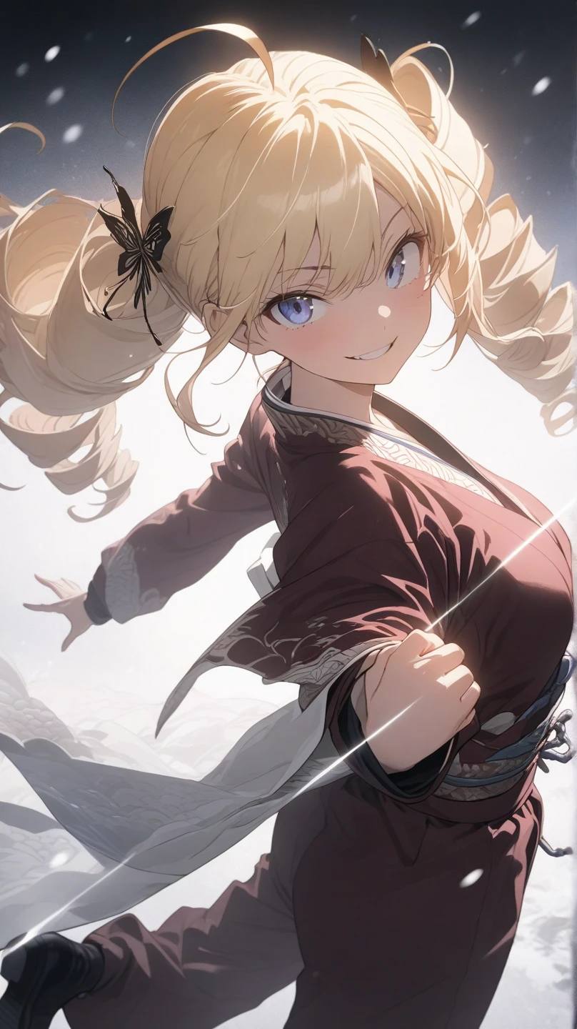 ultra-detailed, detailed face, Solo, a girl, blonde, long hair, drill hair, ahoge, blue eyes, slant eyes, narrow eyes, maroon sportswear long pants, maroon sportswear, Black platform boots, grinning, neutral, expressionless, Mouth grinning, raised fist, (A small white oriental dragon flies around the girl), white snow background with east asian architecture, anime, illustration, masterpiece, best quality, detailed, mystical atmosphere, Dark atmosphere, soft-edged, soft surface, simple line drawing, from side, aerial view, spot lighting, backlighting, moody lighting, underlighting, sharp shadows, fast shutter speed, 2D Anime, Best Hands, Best Hand, 135mm, F4.0, SONY FE GM,  クローズアップ, 