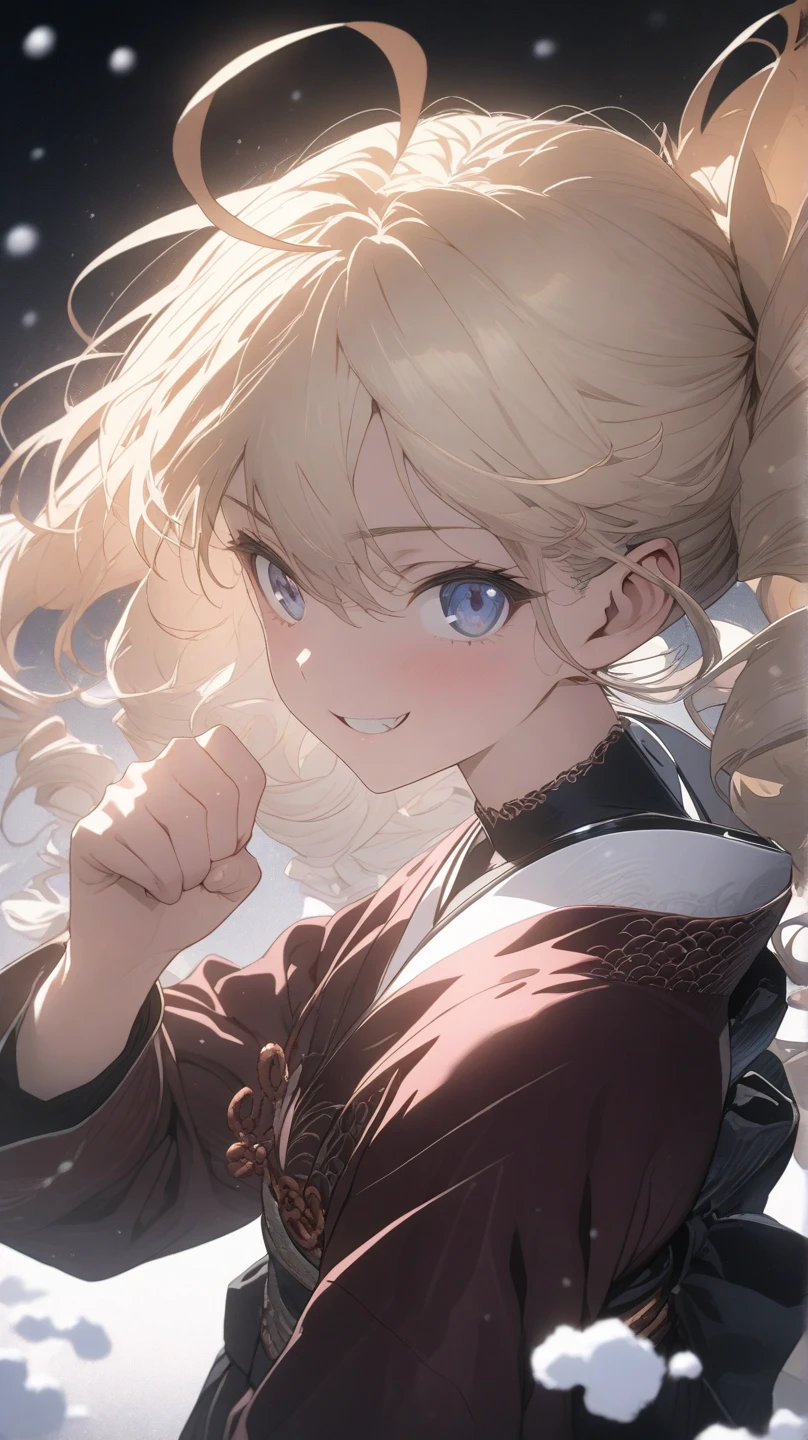 ultra-detailed, detailed face, Solo, a girl, blonde, long hair, drill hair, ahoge, blue eyes, slant eyes, narrow eyes, maroon sportswear long pants, maroon sportswear, Black platform boots, grinning, neutral, expressionless, Mouth grinning, raised fist, (A small white oriental dragon flies around the girl), white snow background with east asian architecture, anime, illustration, masterpiece, best quality, detailed, mystical atmosphere, Dark atmosphere, soft-edged, soft surface, simple line drawing, from side, aerial view, spot lighting, backlighting, moody lighting, underlighting, sharp shadows, fast shutter speed, 2D Anime, Best Hands, Best Hand, 135mm, F4.0, SONY FE GM,  クローズアップ, 