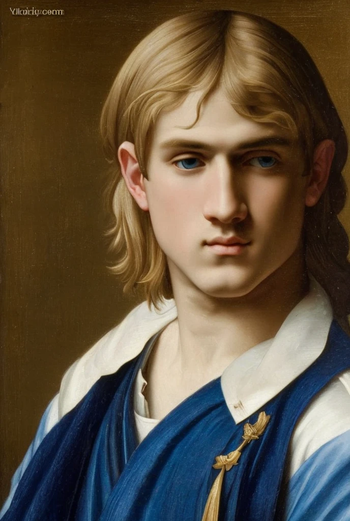 ancient renaissance oil painting of a soft blonde haired teen male, white skin, blue eyes, pretty and soft looking face, with white cloth, delicate face, upturned buttoned nose, melancholic face, long blond hair