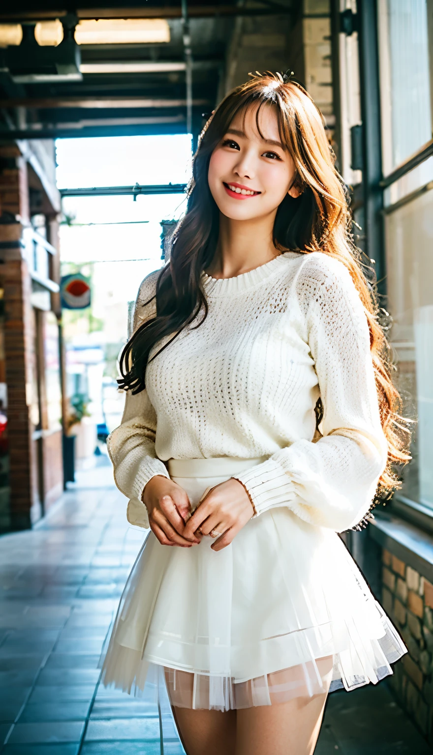 Top quality, 1 beautiful woman, Slim Body, Busty Breasts, half smile, linger, 35mm lens, f/1, cowboy shot ,from below, absurdly long hair, wearing white Bell-sleeve-sweater tutu, Urban background slightly blurred, soft natural light, modern industrial indoor setting.