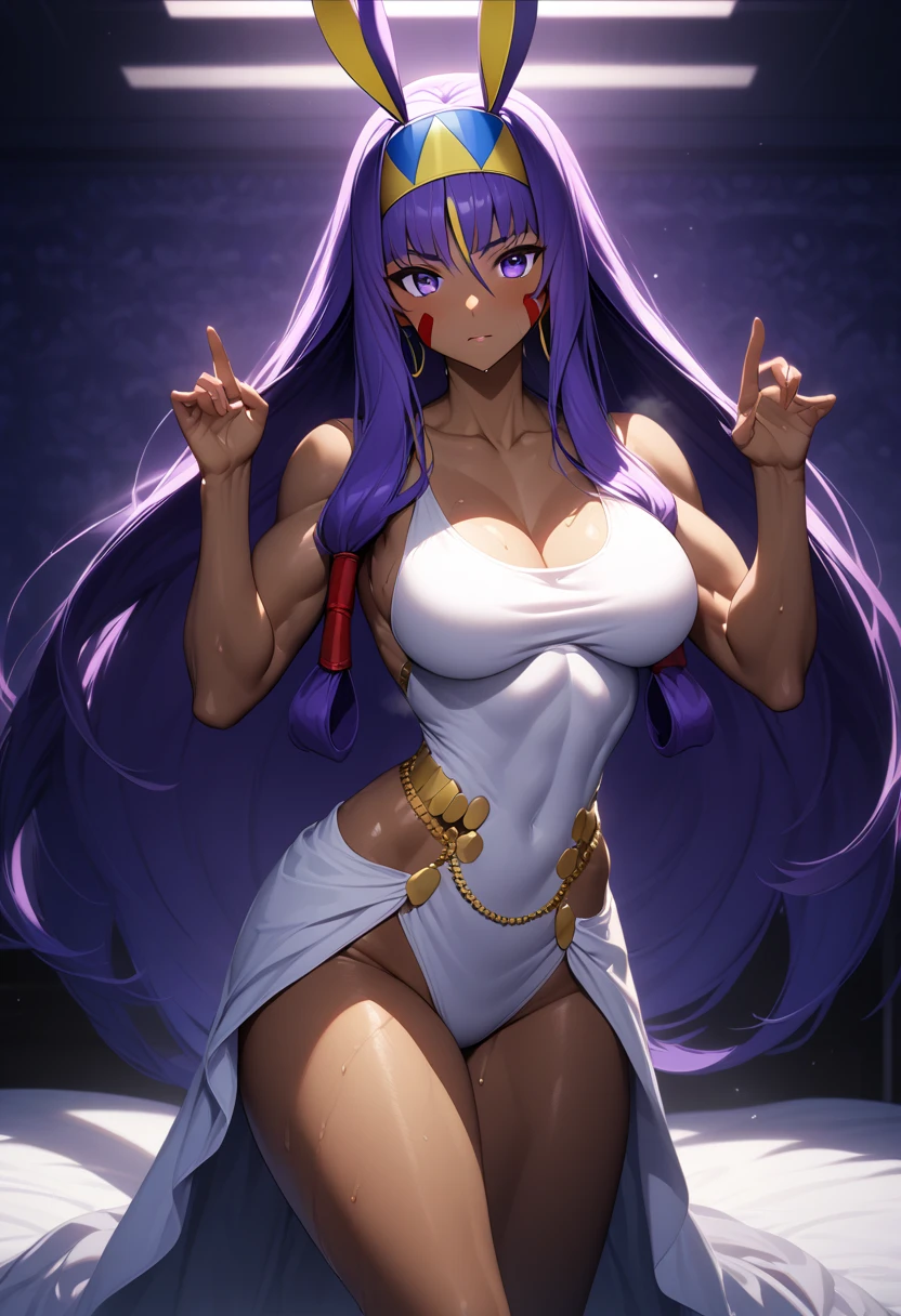 masterpiece,best quality,high resolution,8k,ultra HD,wallpaper,illustration,perfect face,cowboy shot,beautiful detailed eyes,extremely detailed face,perfect lighting,extremely detailed CG,perfect hands,perfect anatomy,perfect body,perfect hands,perfect fingers,1woman,full body,,muscle fighter body,purple long hair,purple eyes,large breasts,Medium ass,,(white sexy dress),,clothed,,collarbone,,looking at viewer, (),Steam,sweat,on the bed,(Fate Grand Order character Nitocris),dark skin,purple rabbit ears,