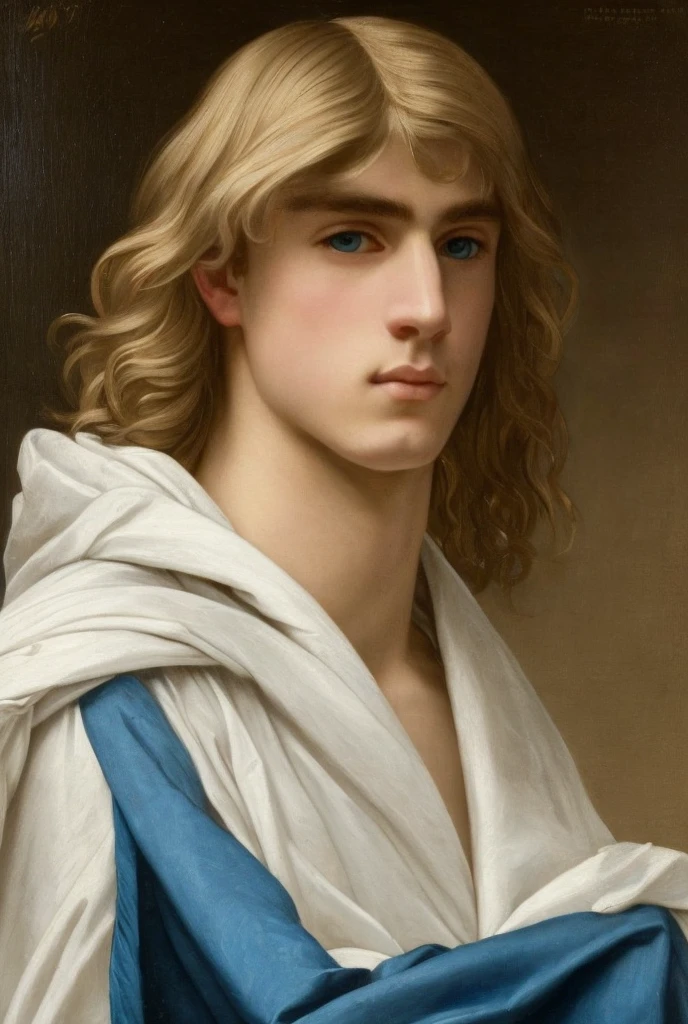  renaissance oil painting of a soft blonde haired teen male, white skin, blue eyes, pretty and soft looking face, with white cloth, delicate face, upturned buttoned nose, melancholic face, long light blond hair, abit feminine face for a guy